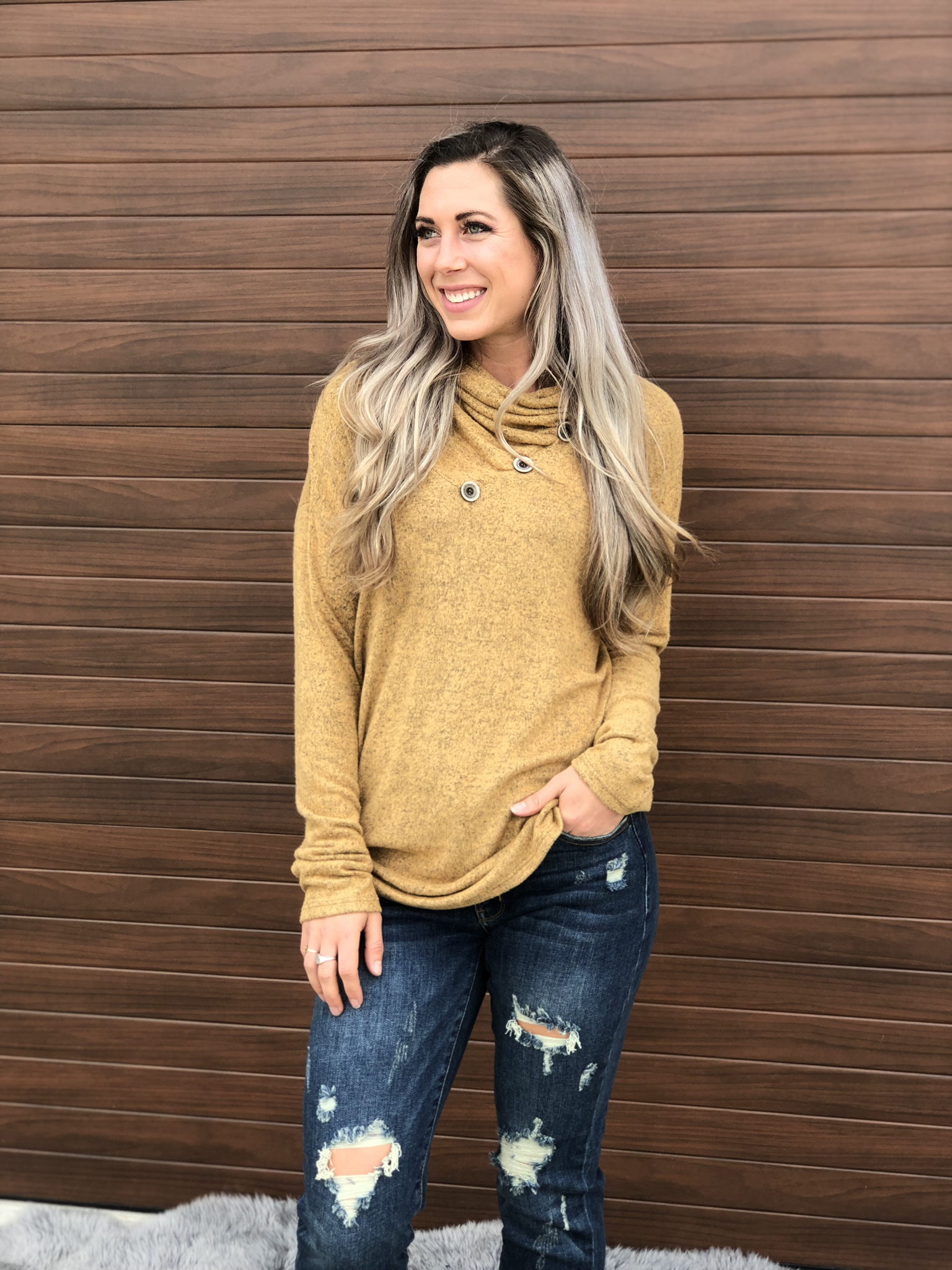 Cowl Button Sweatshirt Sweater - Mustard 83695