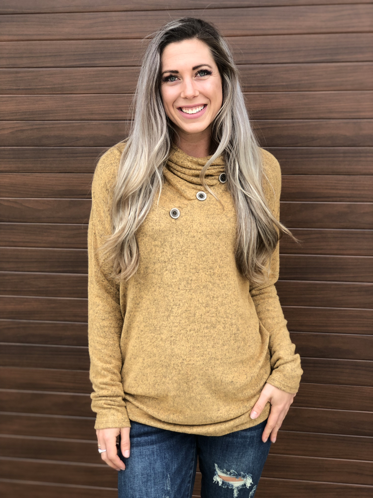 Cowl Button Sweatshirt Sweater - Mustard