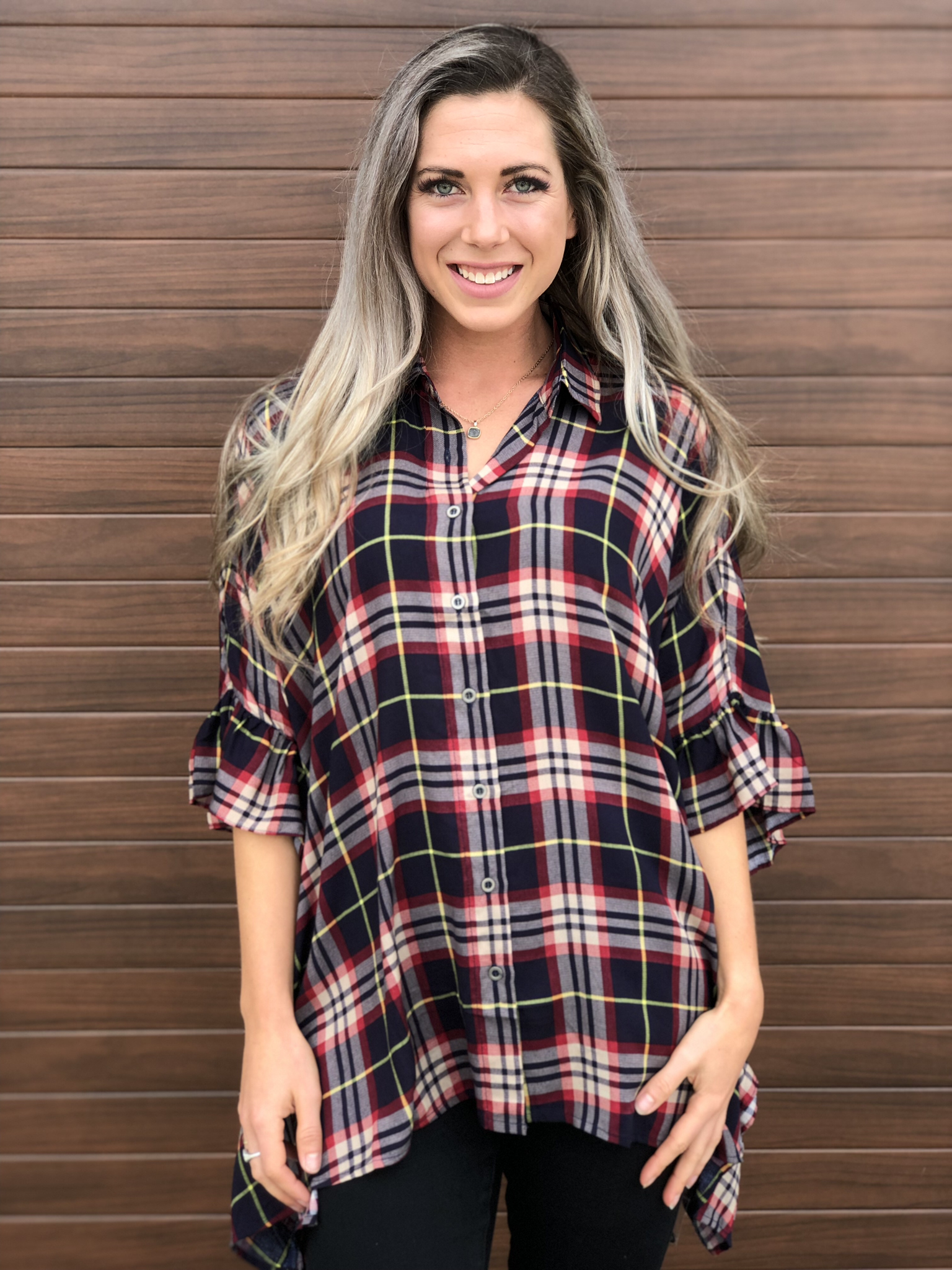 Button Up Plaid Ruffle Detail Top 83703