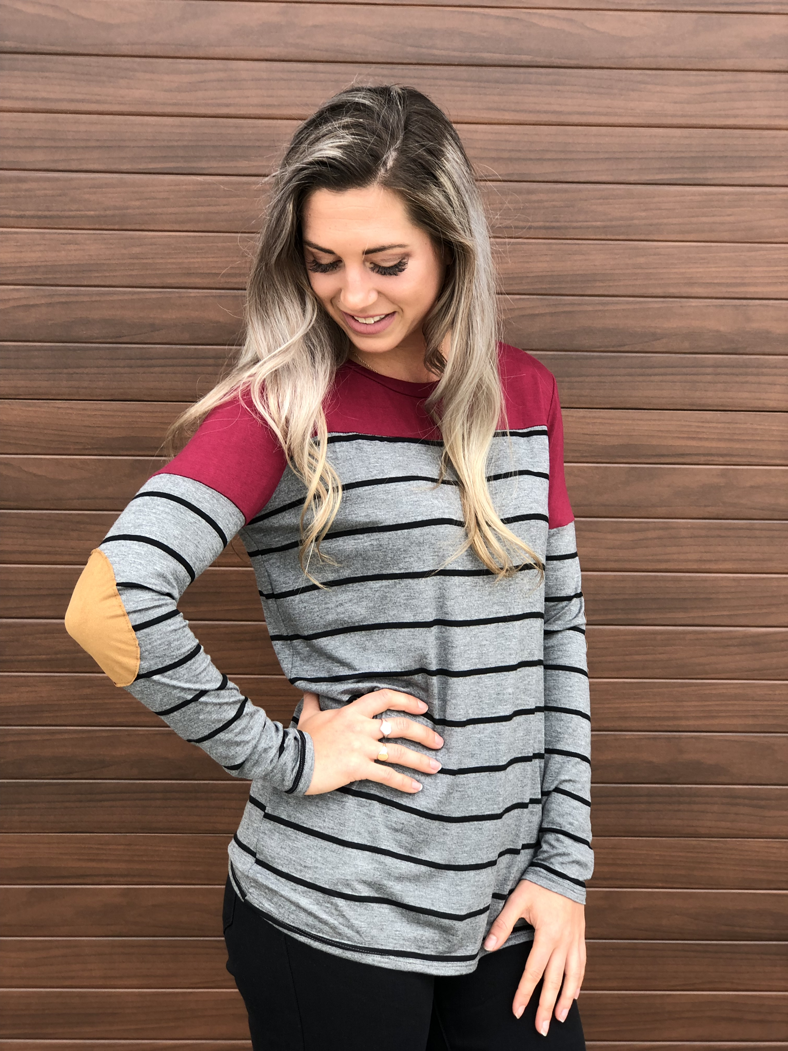 Charcoal/Red Stripe Elbow Patch Top 83683