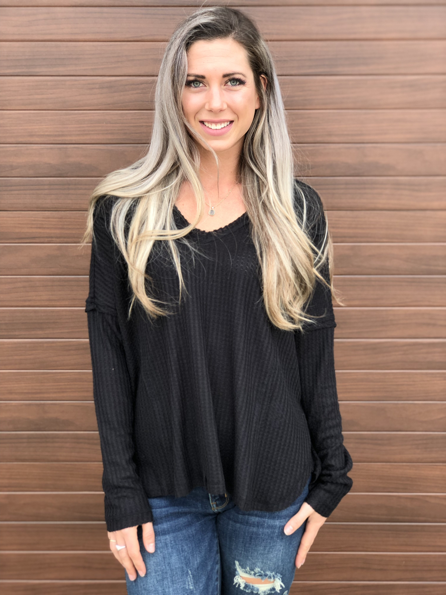 Black Raw Seam Waffle Top 83679
