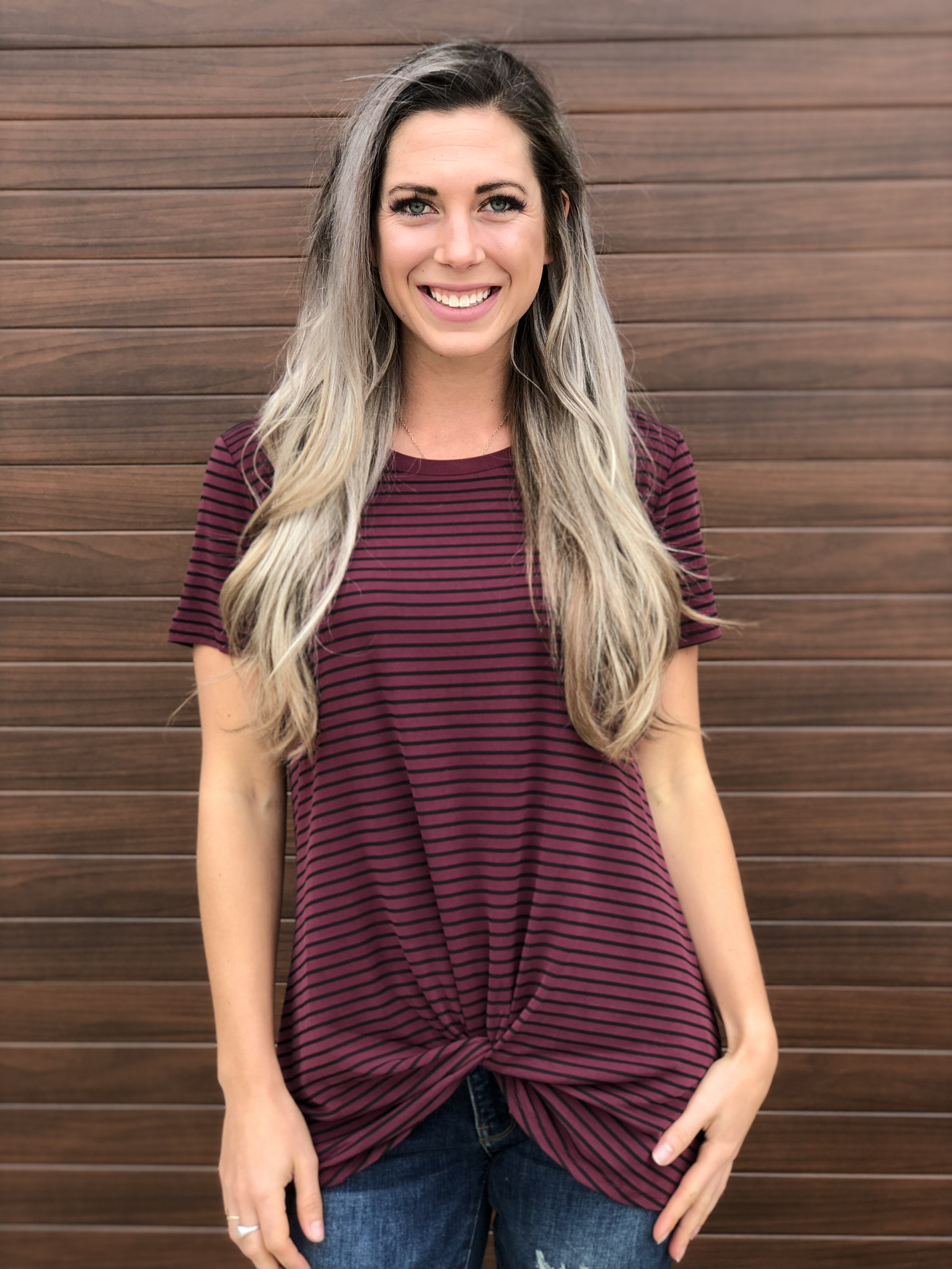 Striped Front Twist Tee - Burgundy 83735