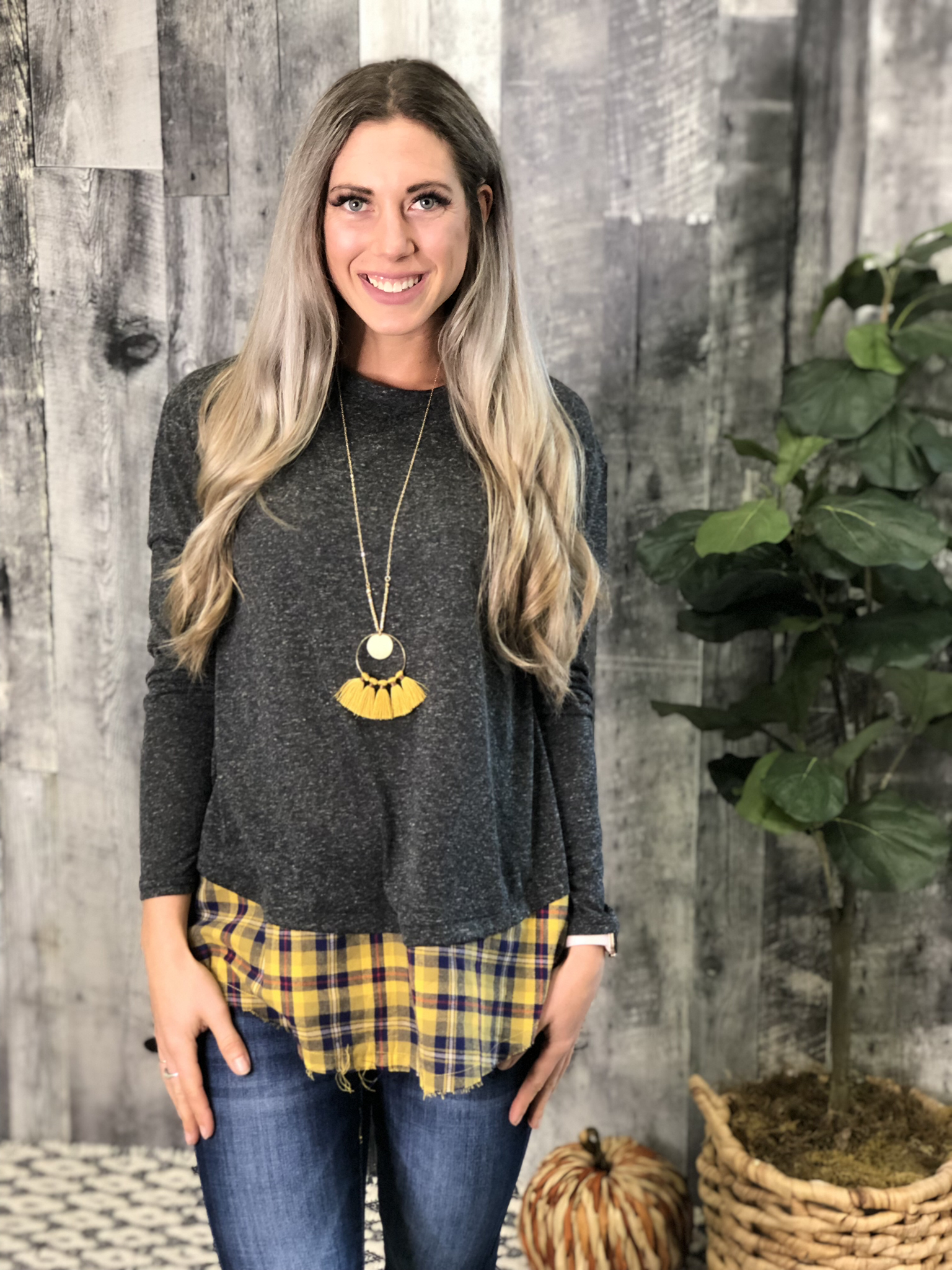 Plaid Detail Top - Mustard 83759