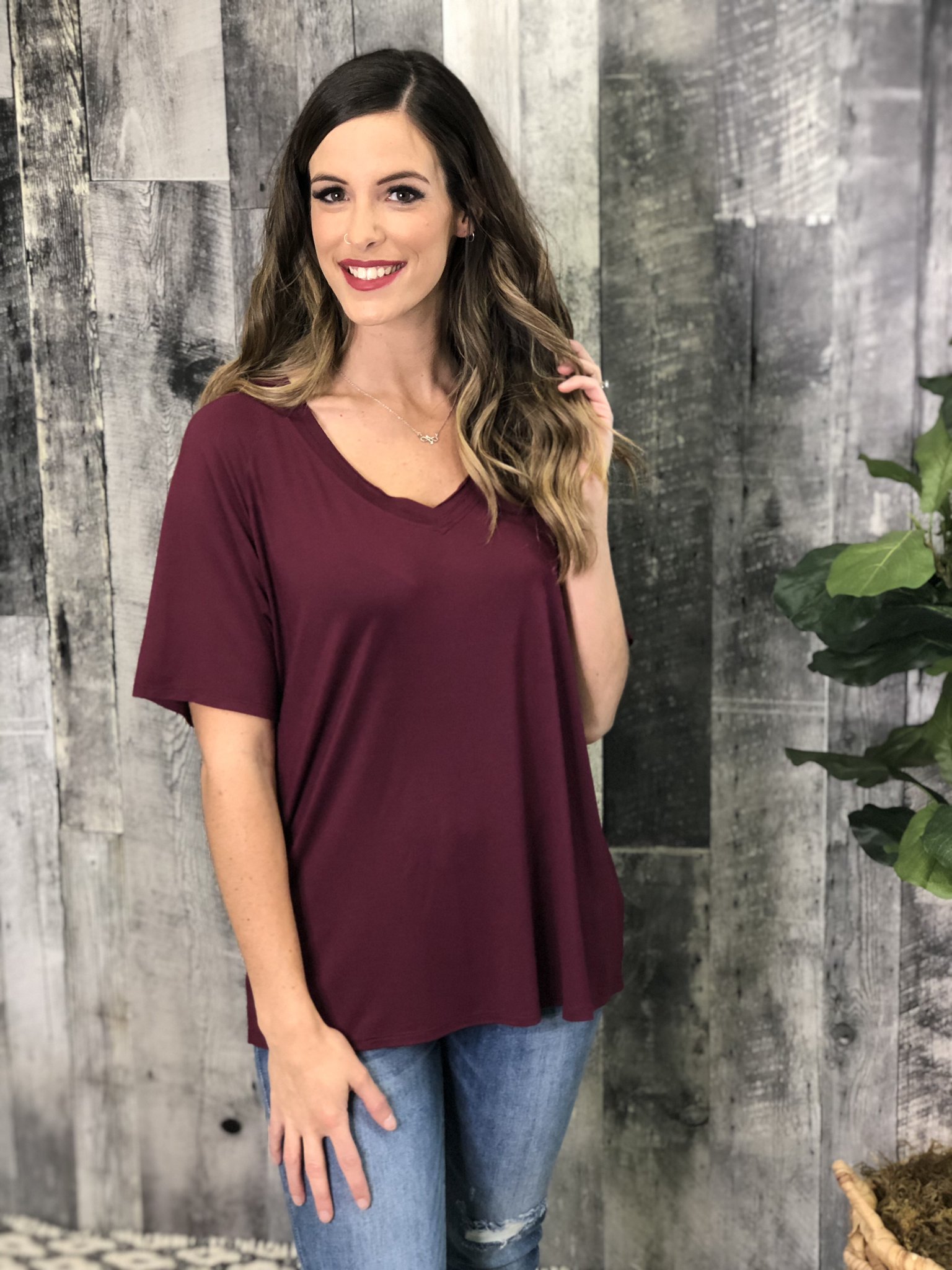 Premium V-Neck Relaxed Fit Tee - Burgundy 83783