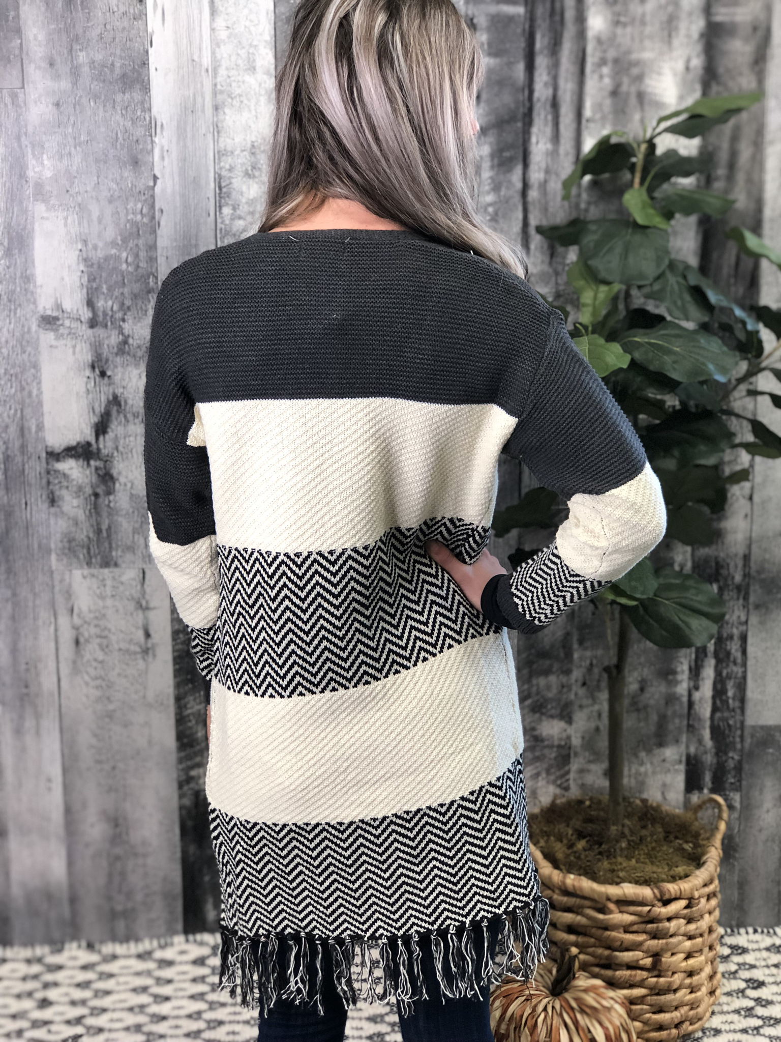 Pattern Blocking Charcoal/Ivory Tassel Cardigan