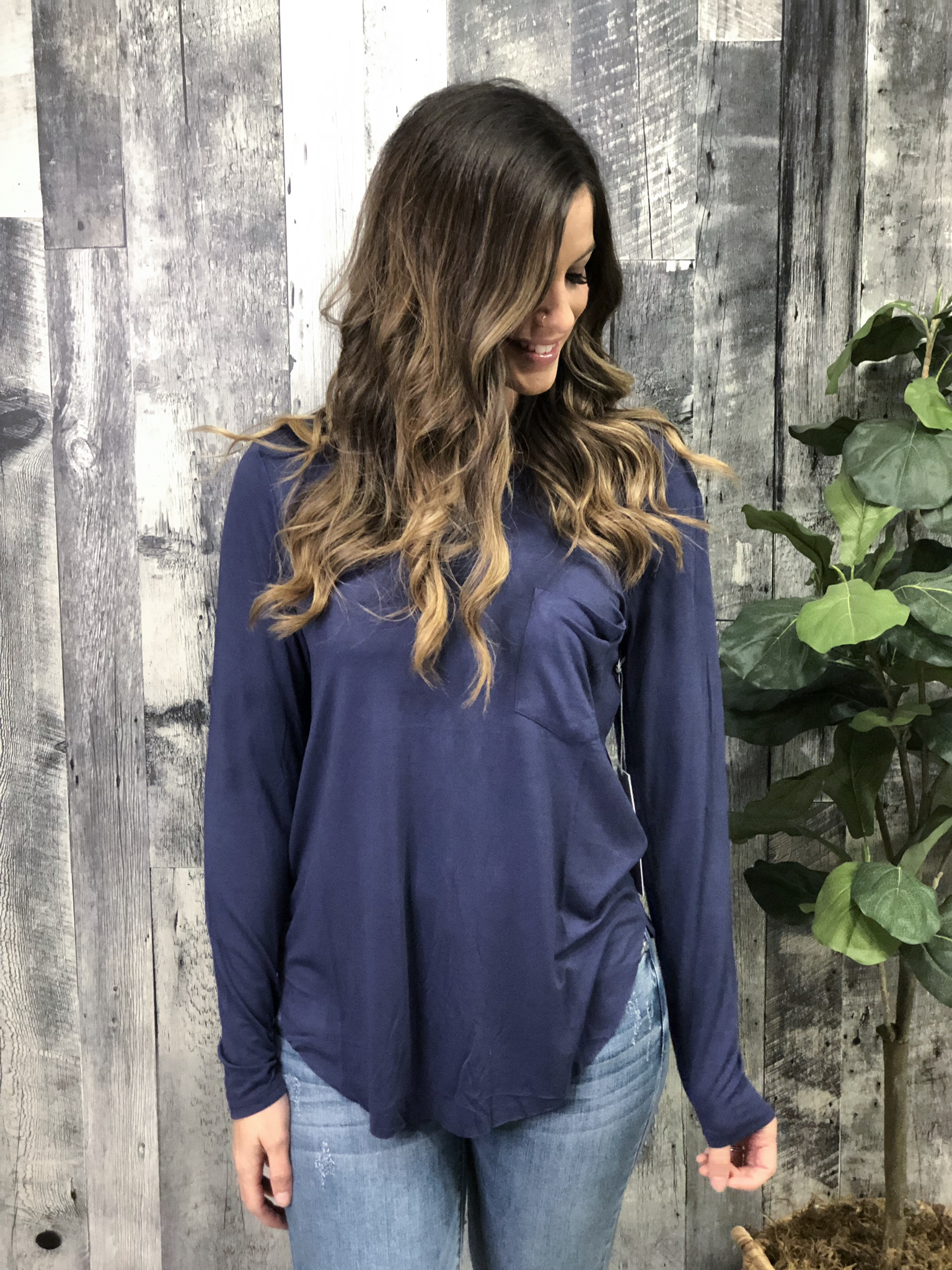 Premium Basic long sleeve V Neck Pocket Tee - Navy 83858