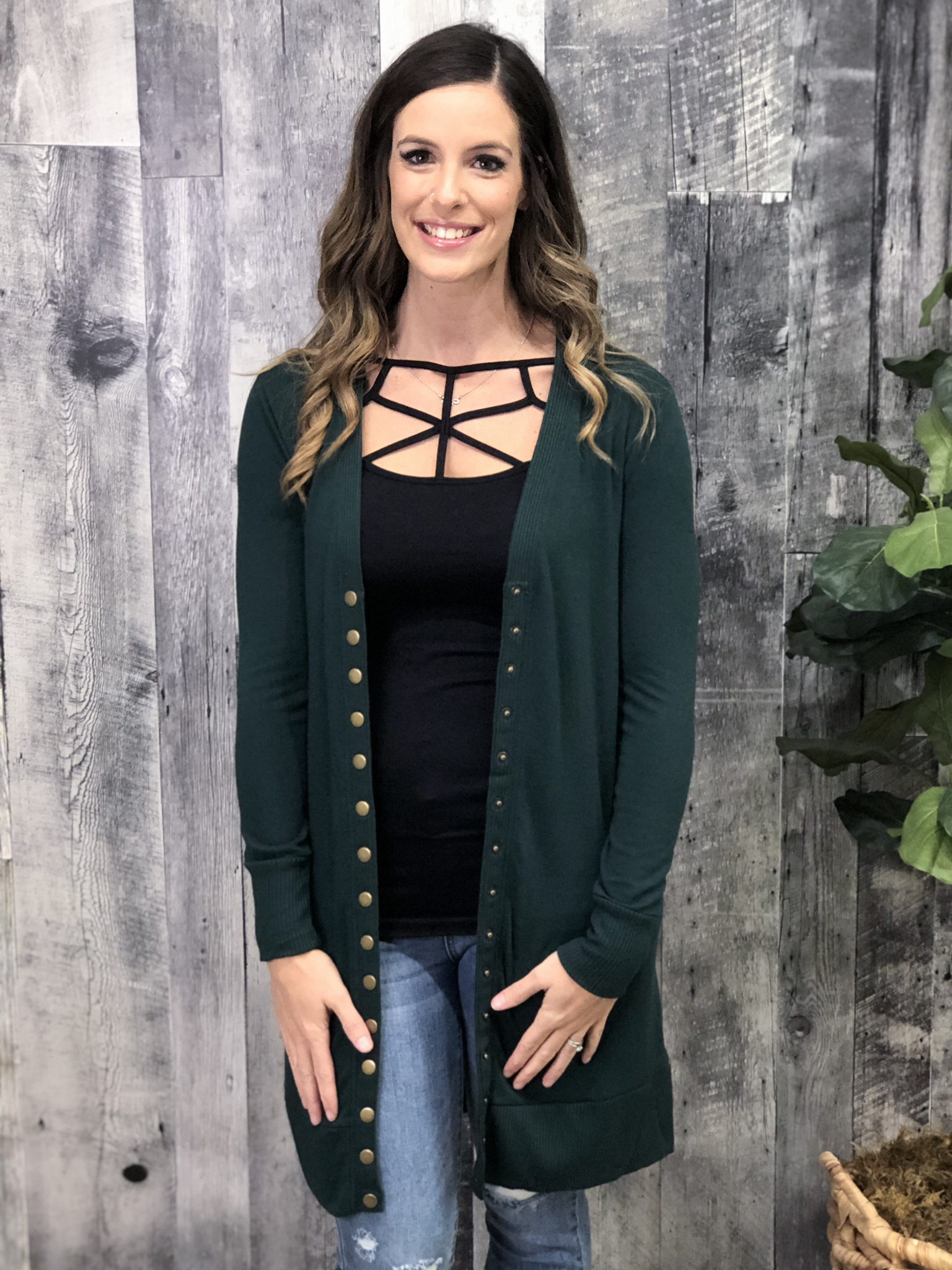 Long Snap Cardigan - Evergreen 83883