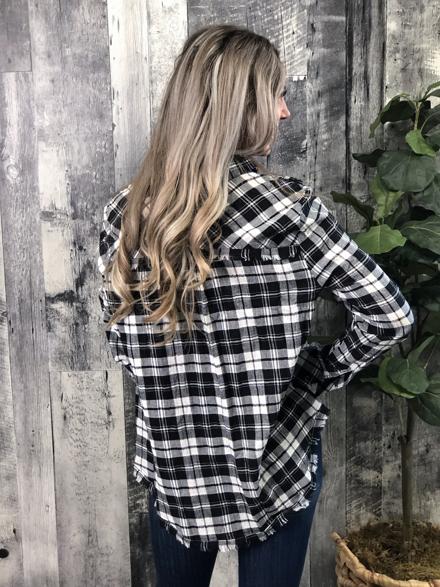 Black and White Distressed Hem Plaid Button Up Top
