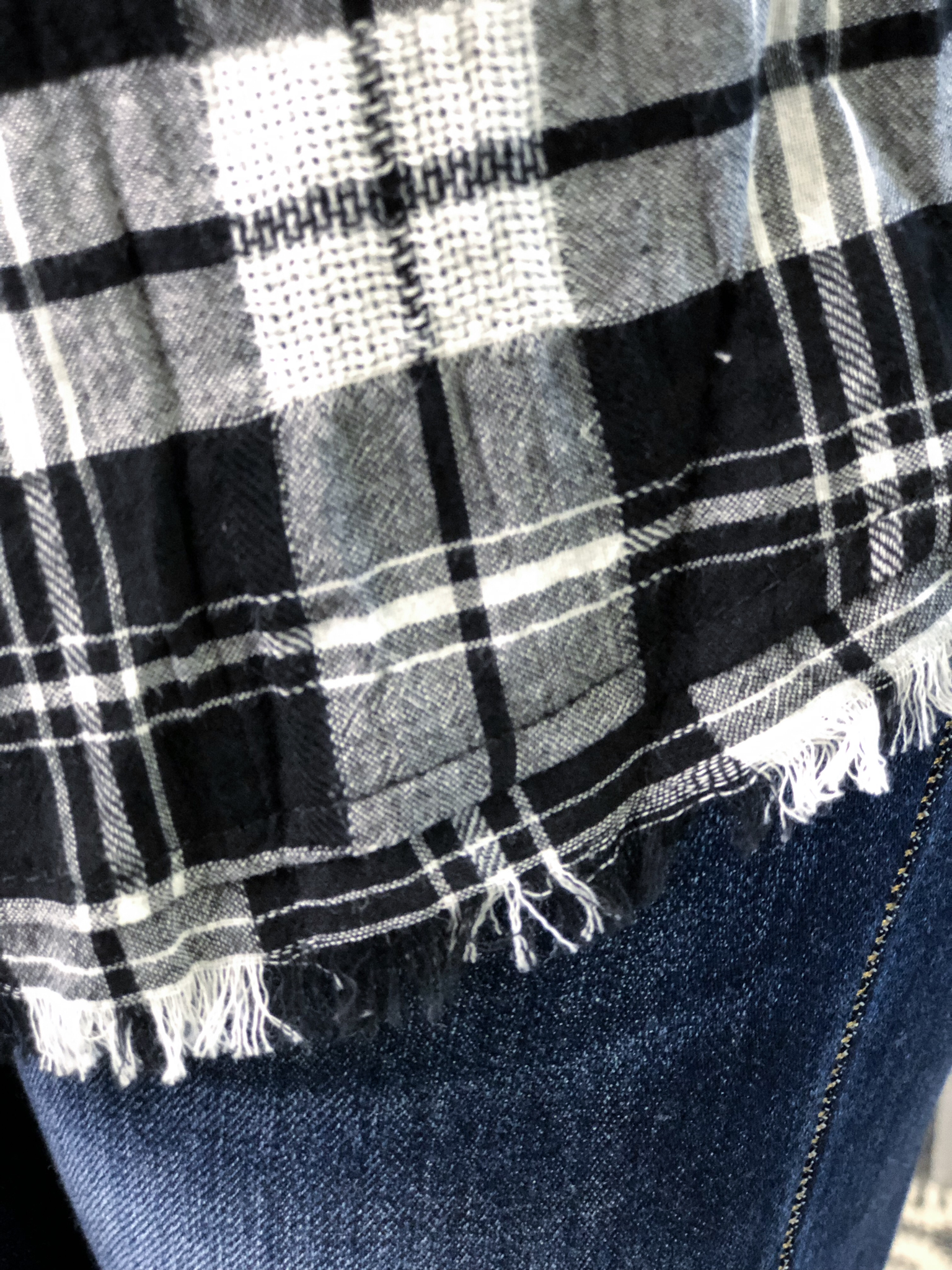 Black and White Distressed Hem Plaid Button Up Top