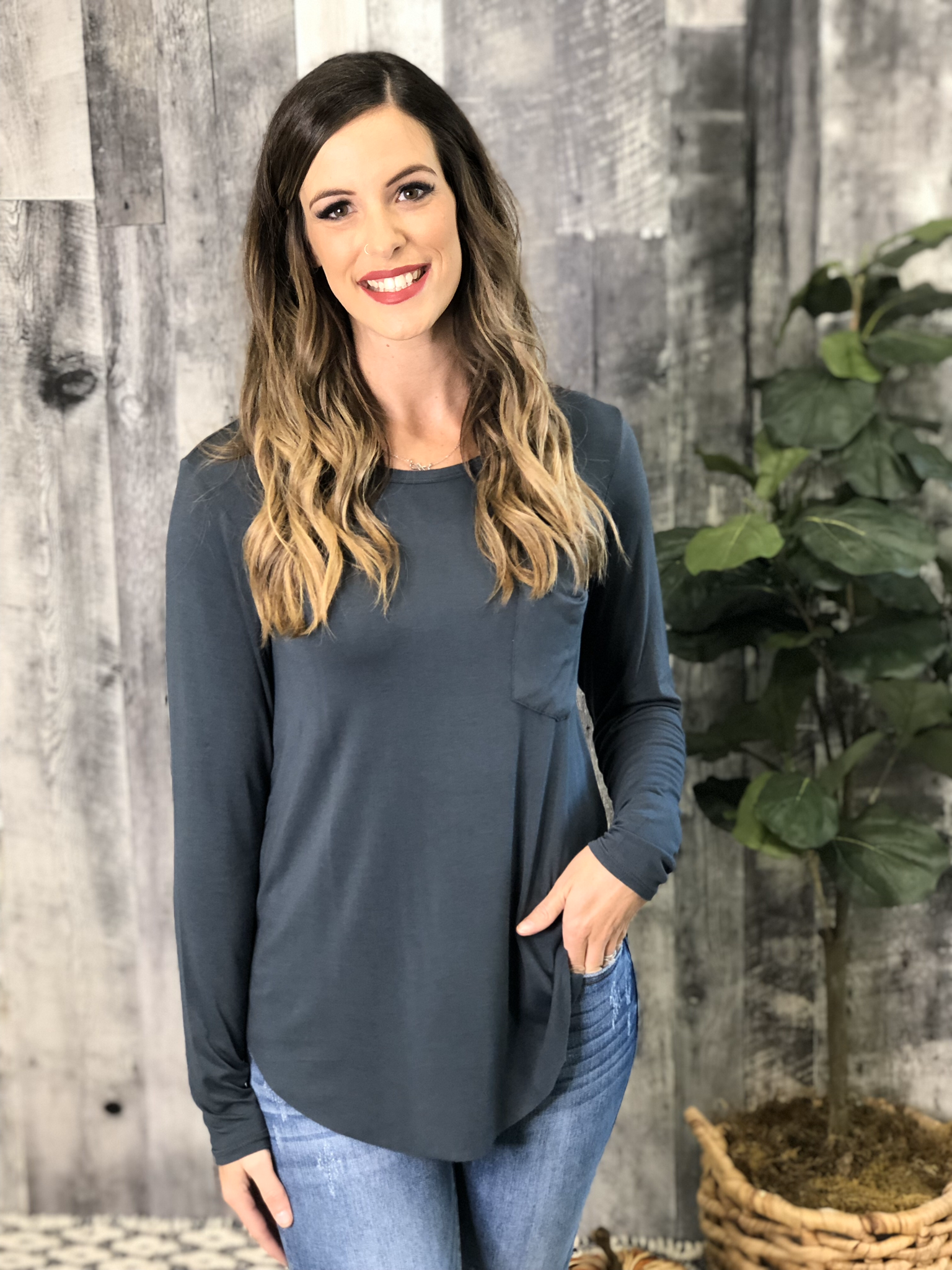 Premium Basic long sleeve V Neck Pocket Tee - Steal Grey 83853