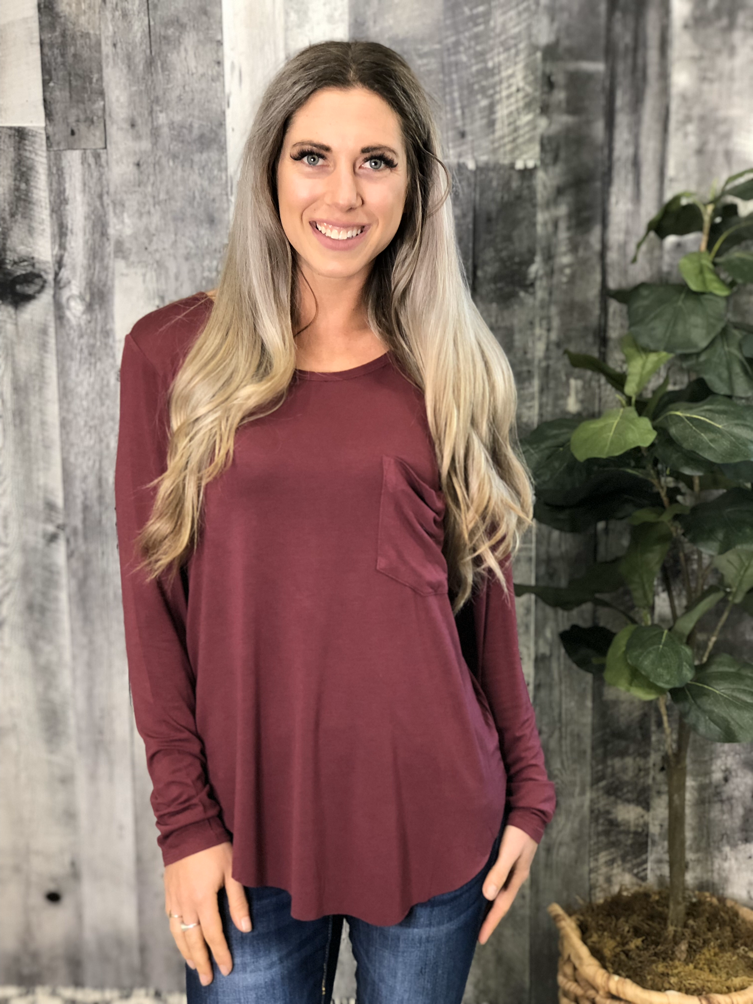 Premium Basic long sleeve V Neck Pocket Tee - Cranberry 983848