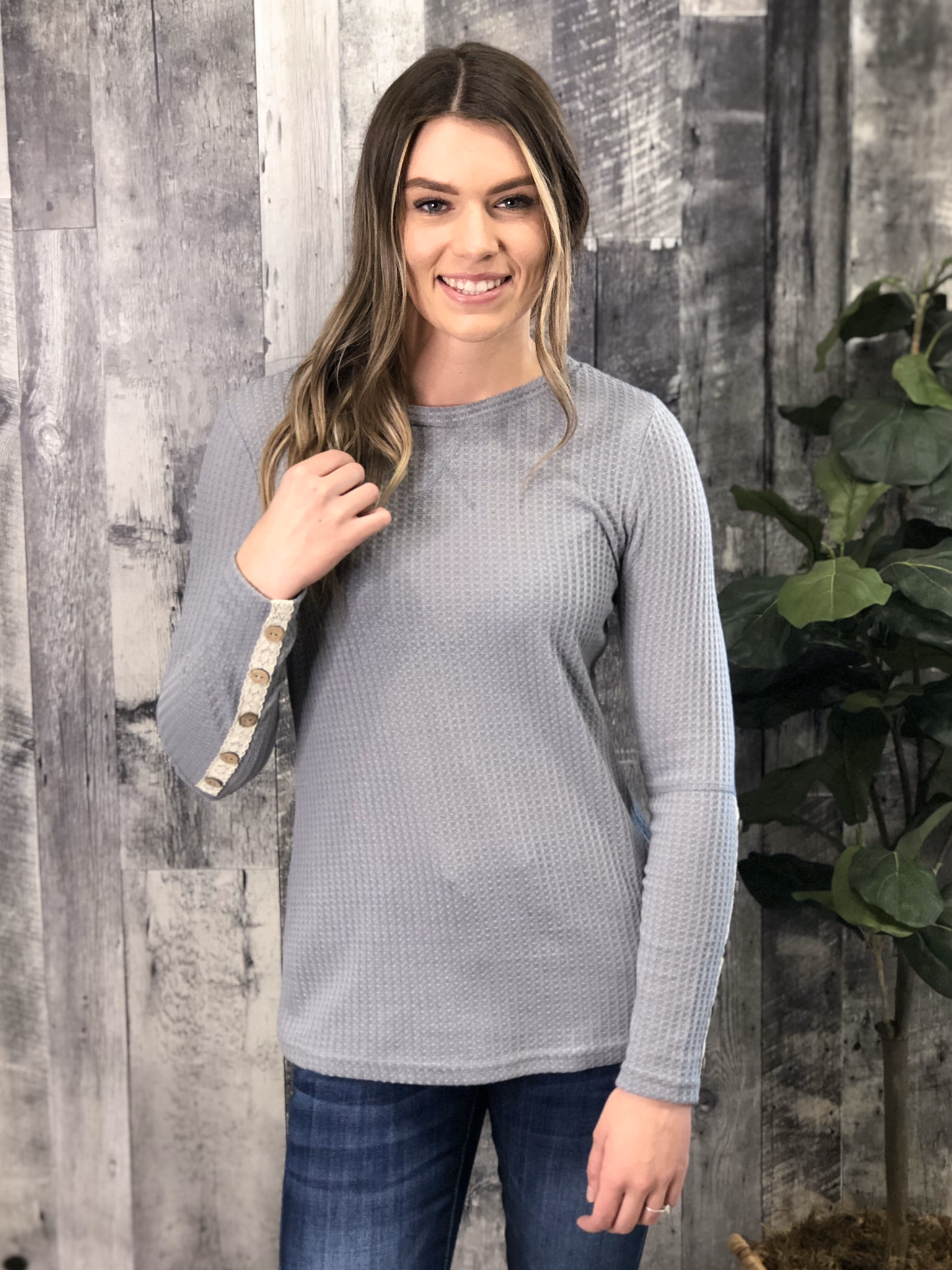 Grey Waffle Top with crochet button sleeve detail 83994