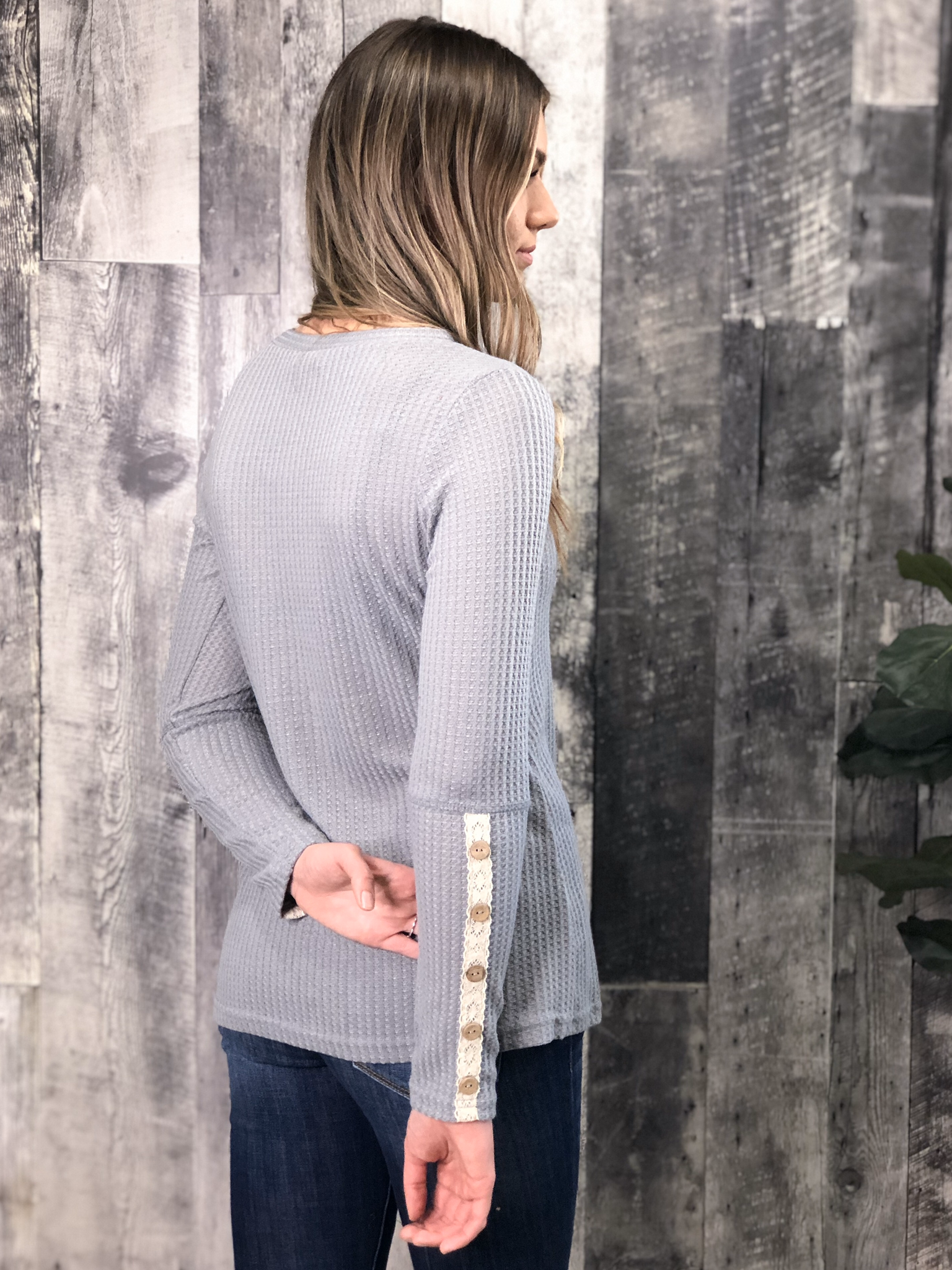 Grey Waffle Top with crochet button sleeve detail