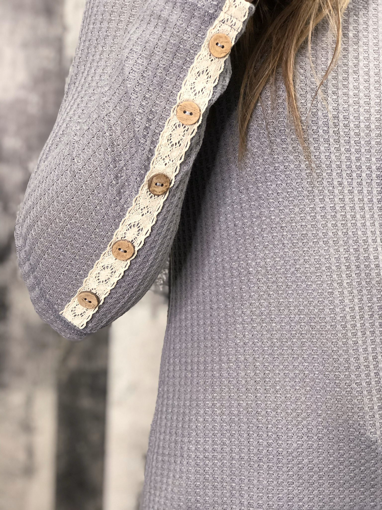 Grey Waffle Top with crochet button sleeve detail