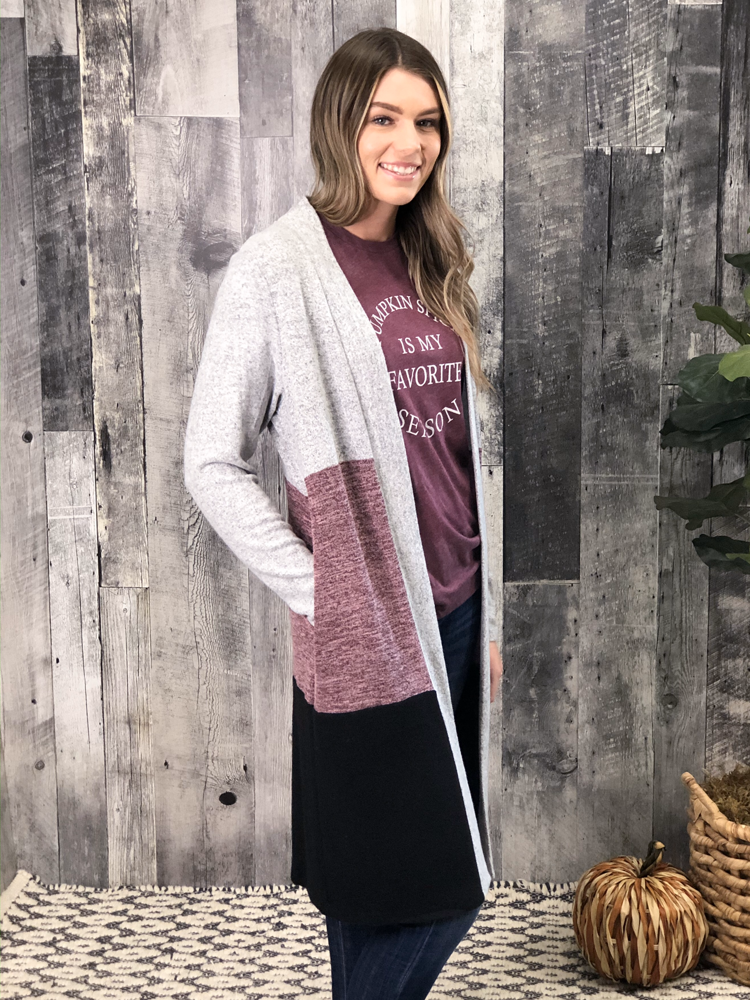 Color Block Cardigan - Burgundy 83957