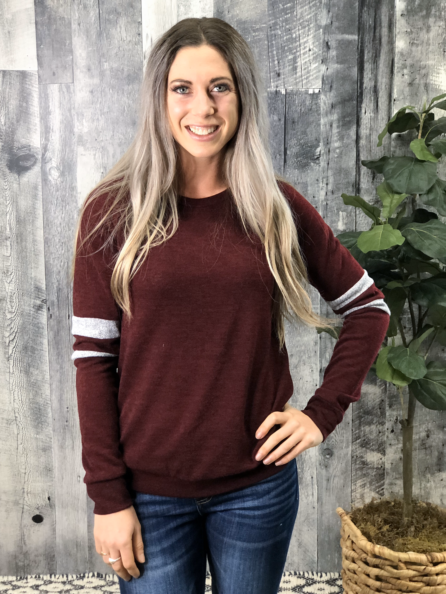 Burgundy Sweater with grey stripe Sleeve 999909