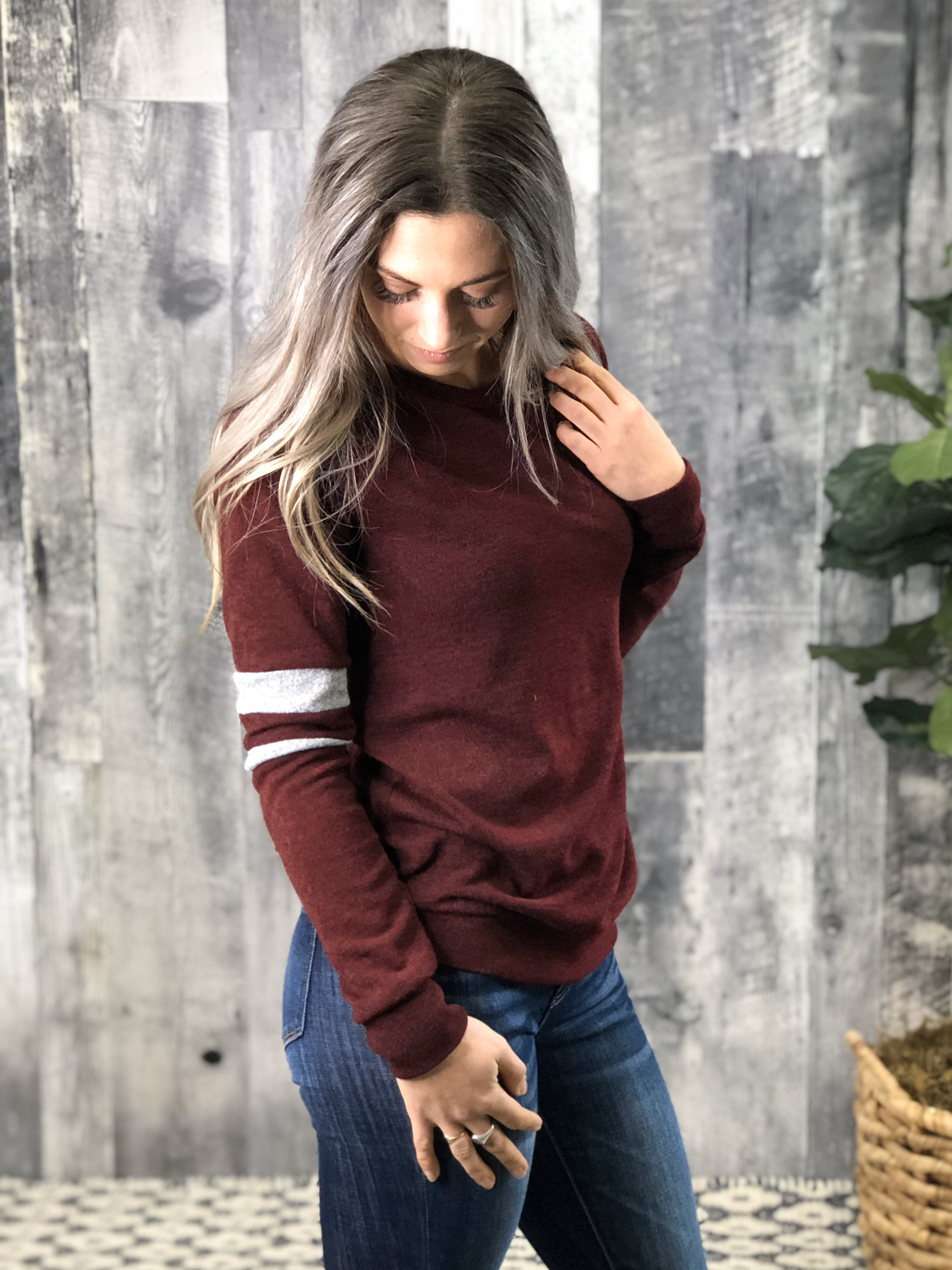 Burgundy Sweater with grey stripe Sleeve