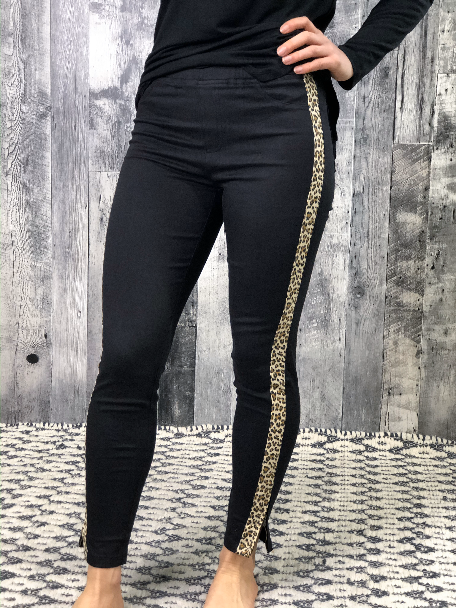 Black Cheetah Stripe Pants with zipper detail