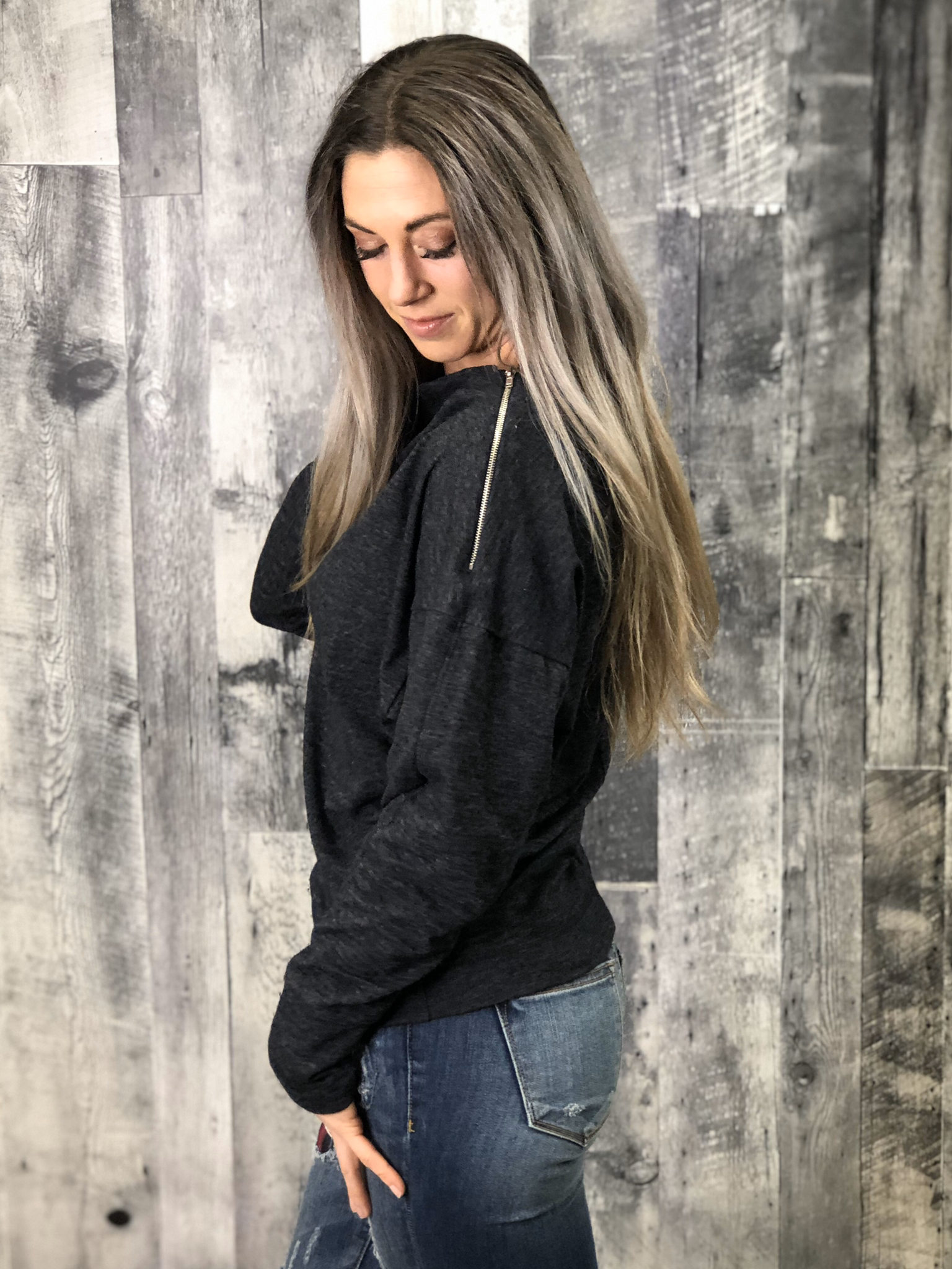 Boat neck zipper dolman sweatshirt