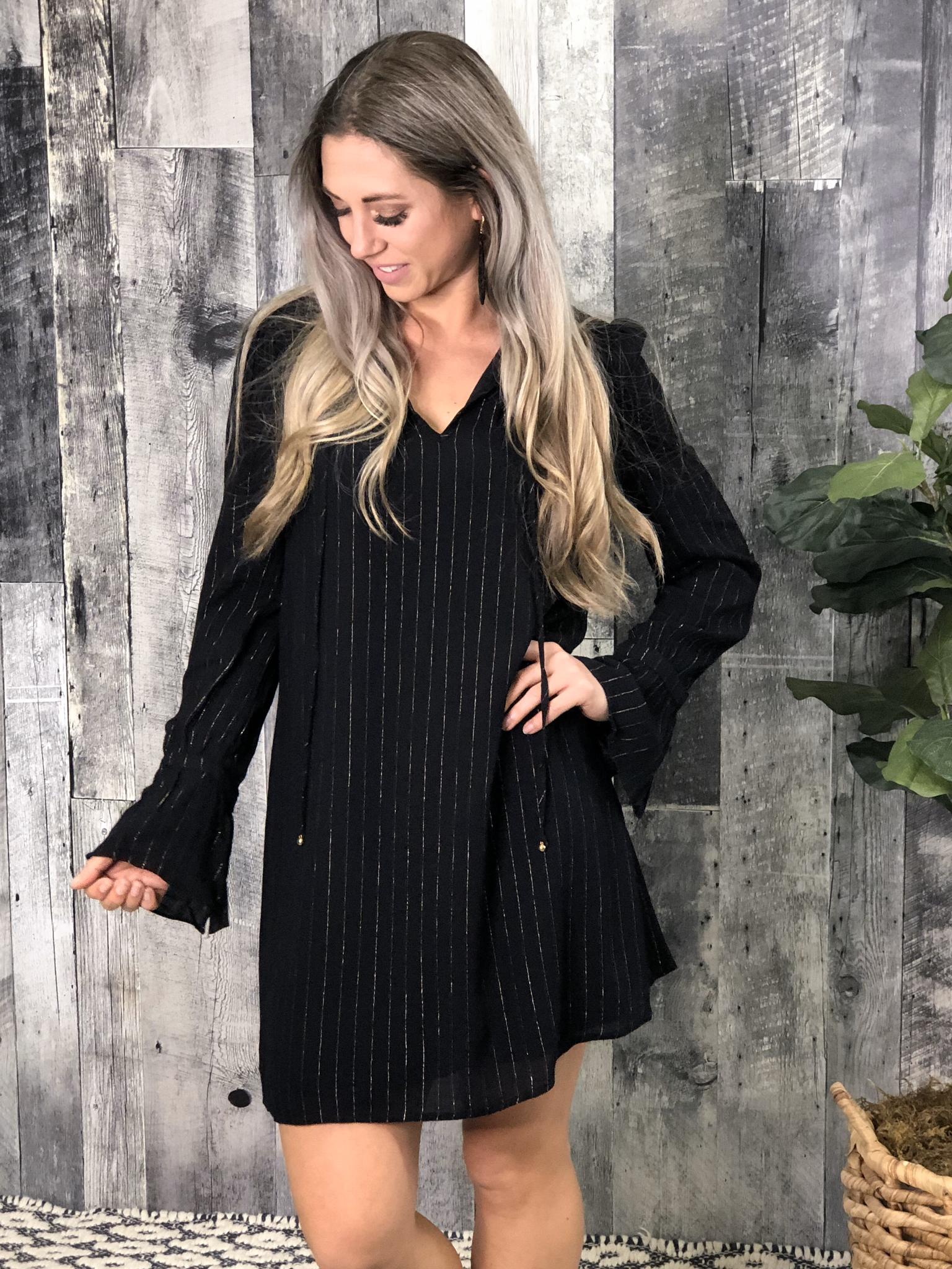 Black Dress with Metallic Pin Stripes
