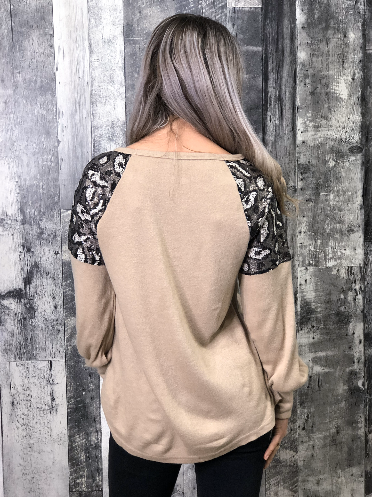 Animal Print Sequin Shoulder Sweater - Mocha