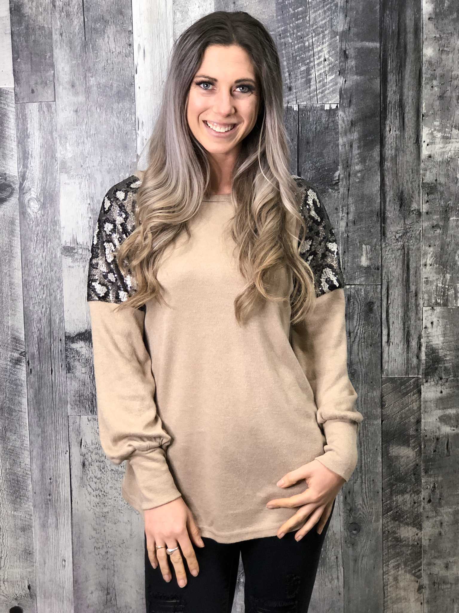 Animal Print Sequin Shoulder Sweater - Mocha 84234