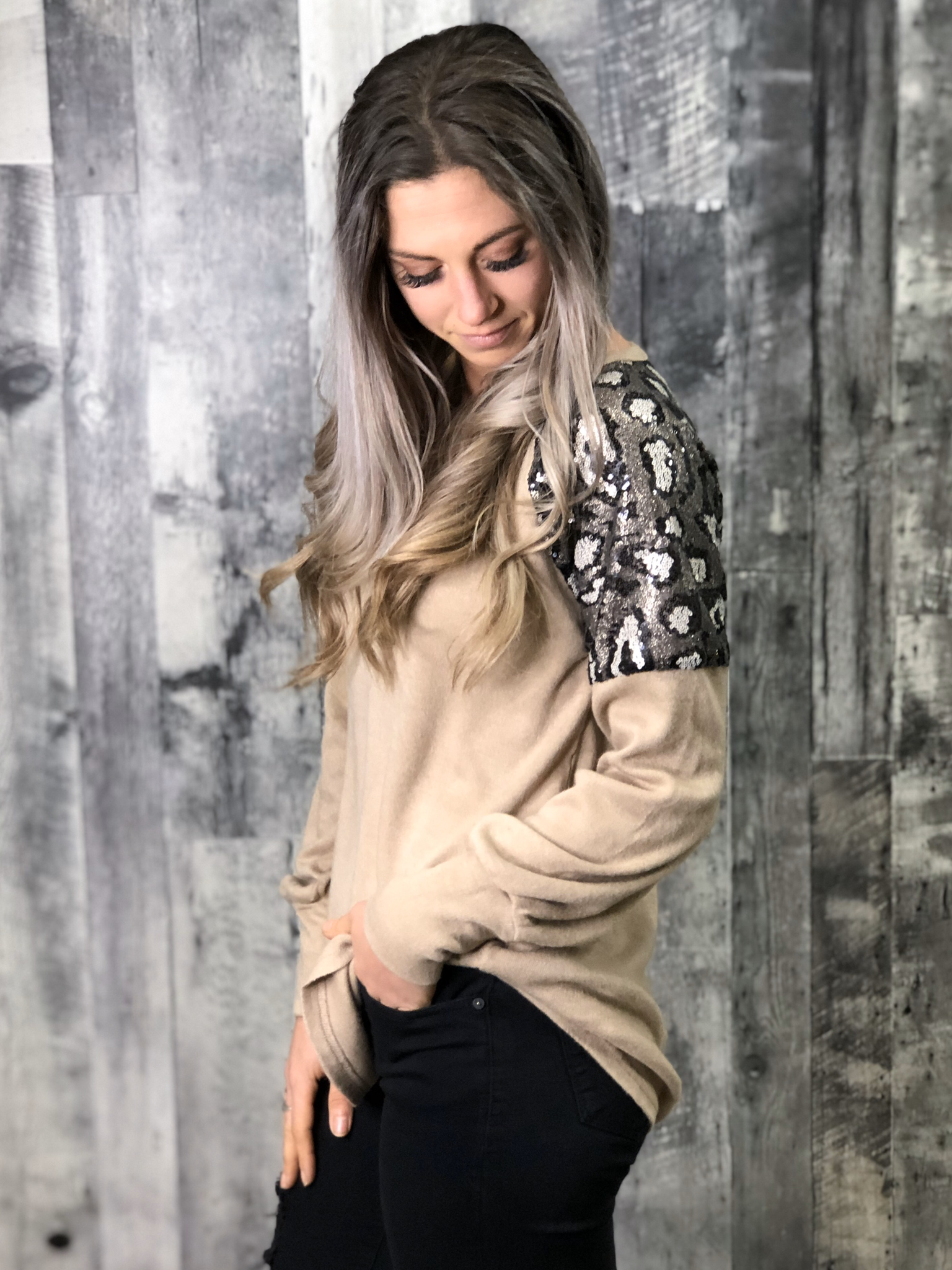 Animal Print Sequin Shoulder Sweater - Mocha