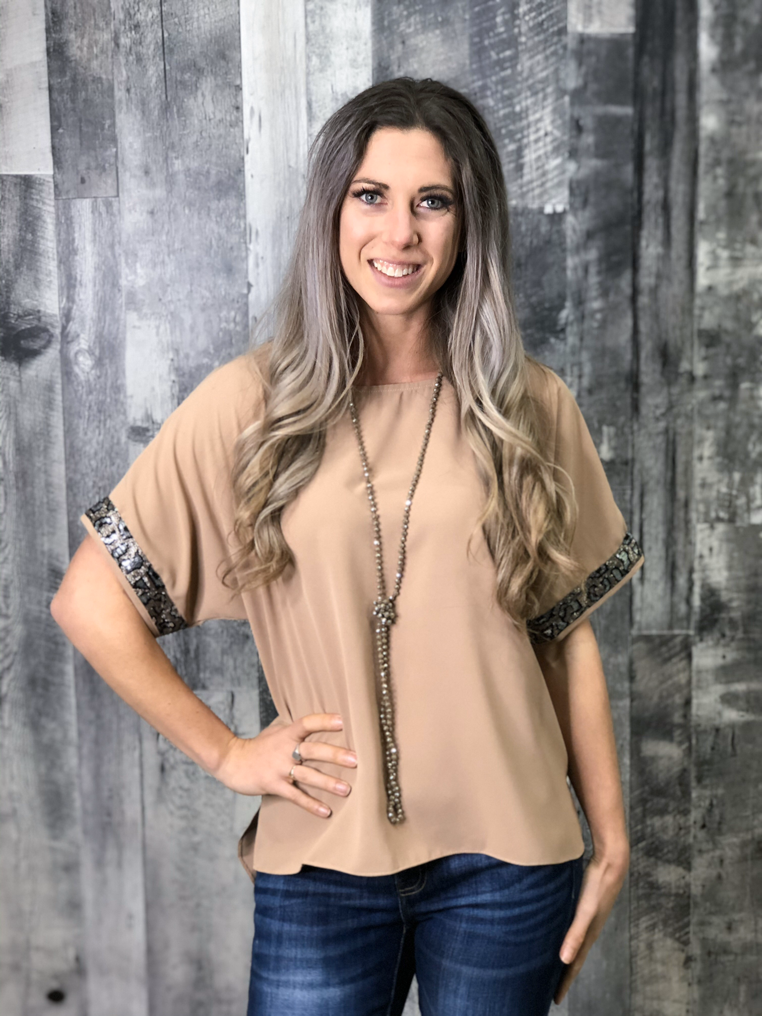 Mocha Blouse with Sequin Trim 84217
