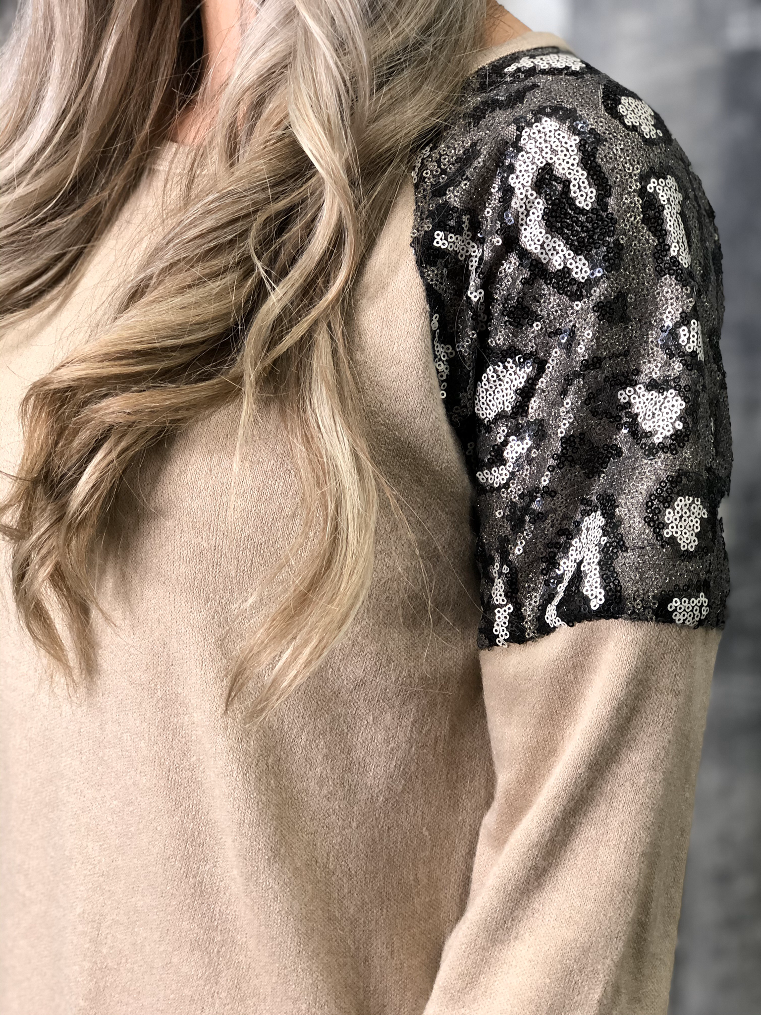 Animal Print Sequin Shoulder Sweater - Mocha