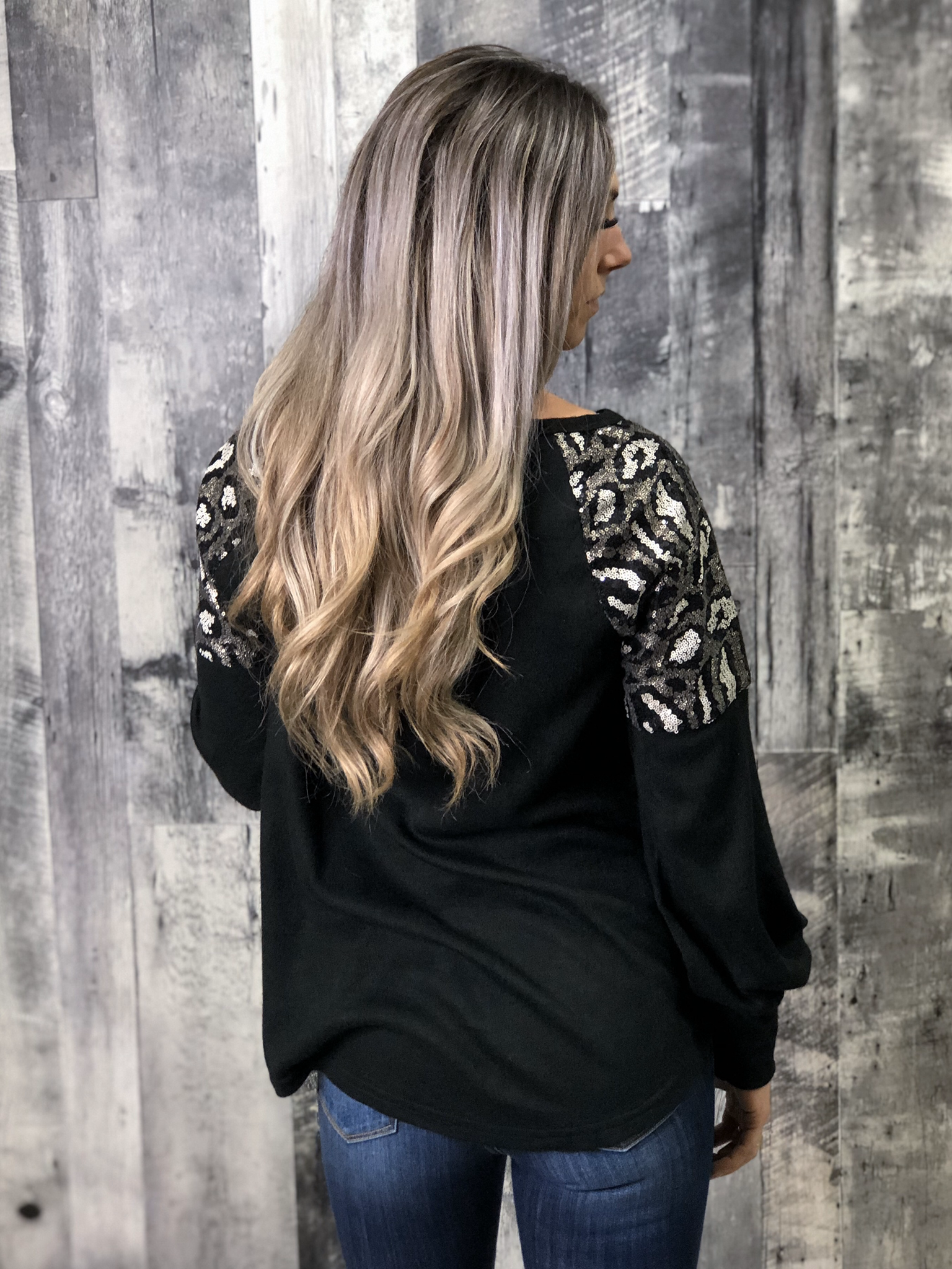 Animal Print Sequin Shoulder Sweater - BLACK