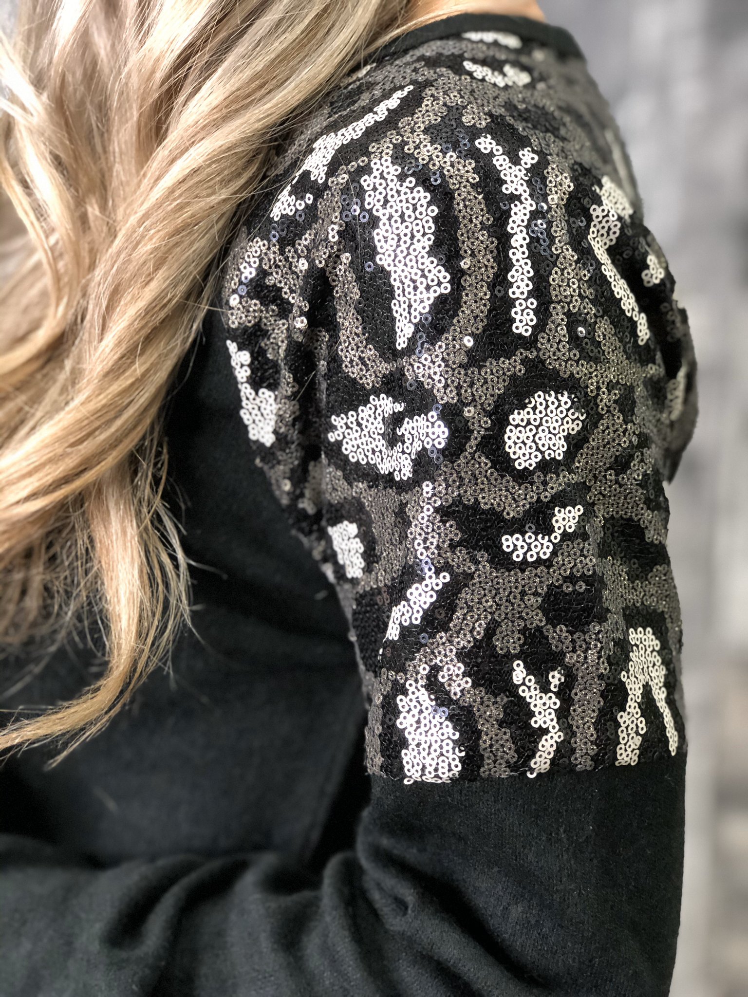 Animal Print Sequin Shoulder Sweater - BLACK