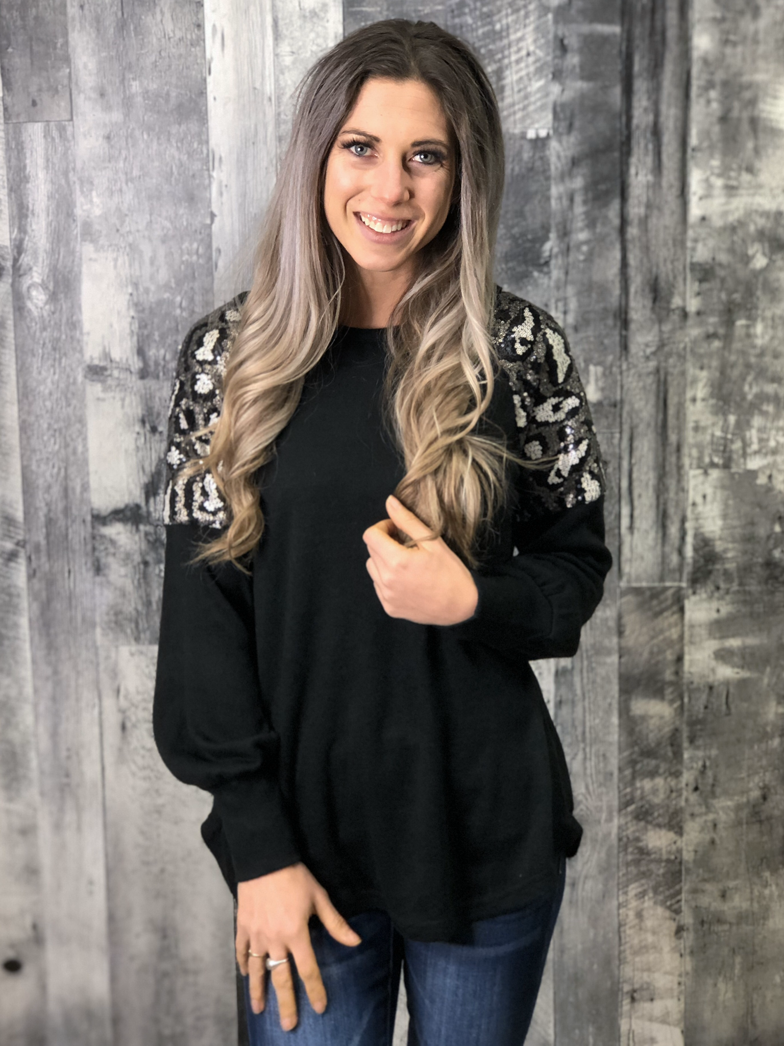 Animal Print Sequin Shoulder Sweater - BLACK 84230