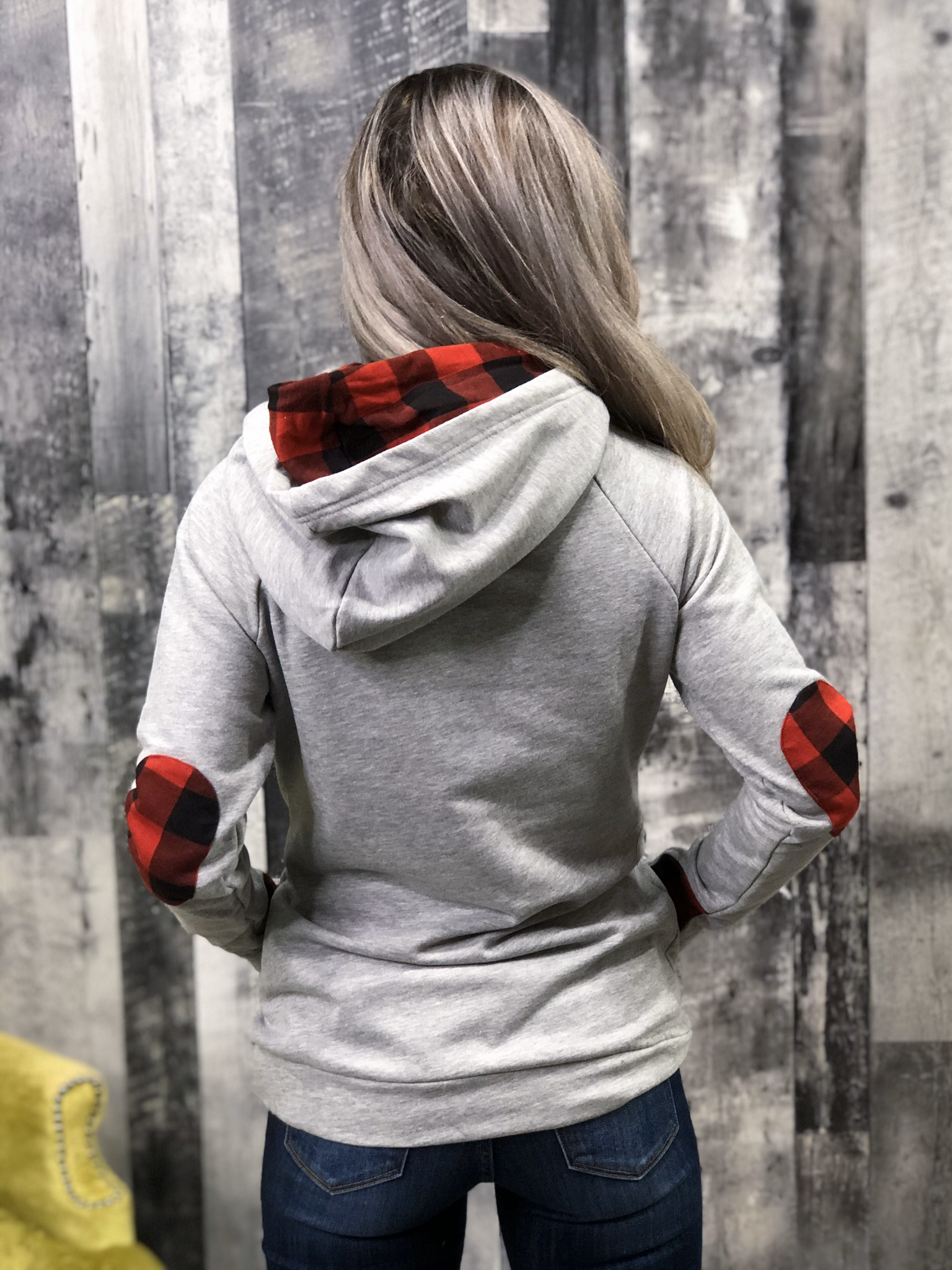 Grey Buffalo Plaid Trim Double Hoodie