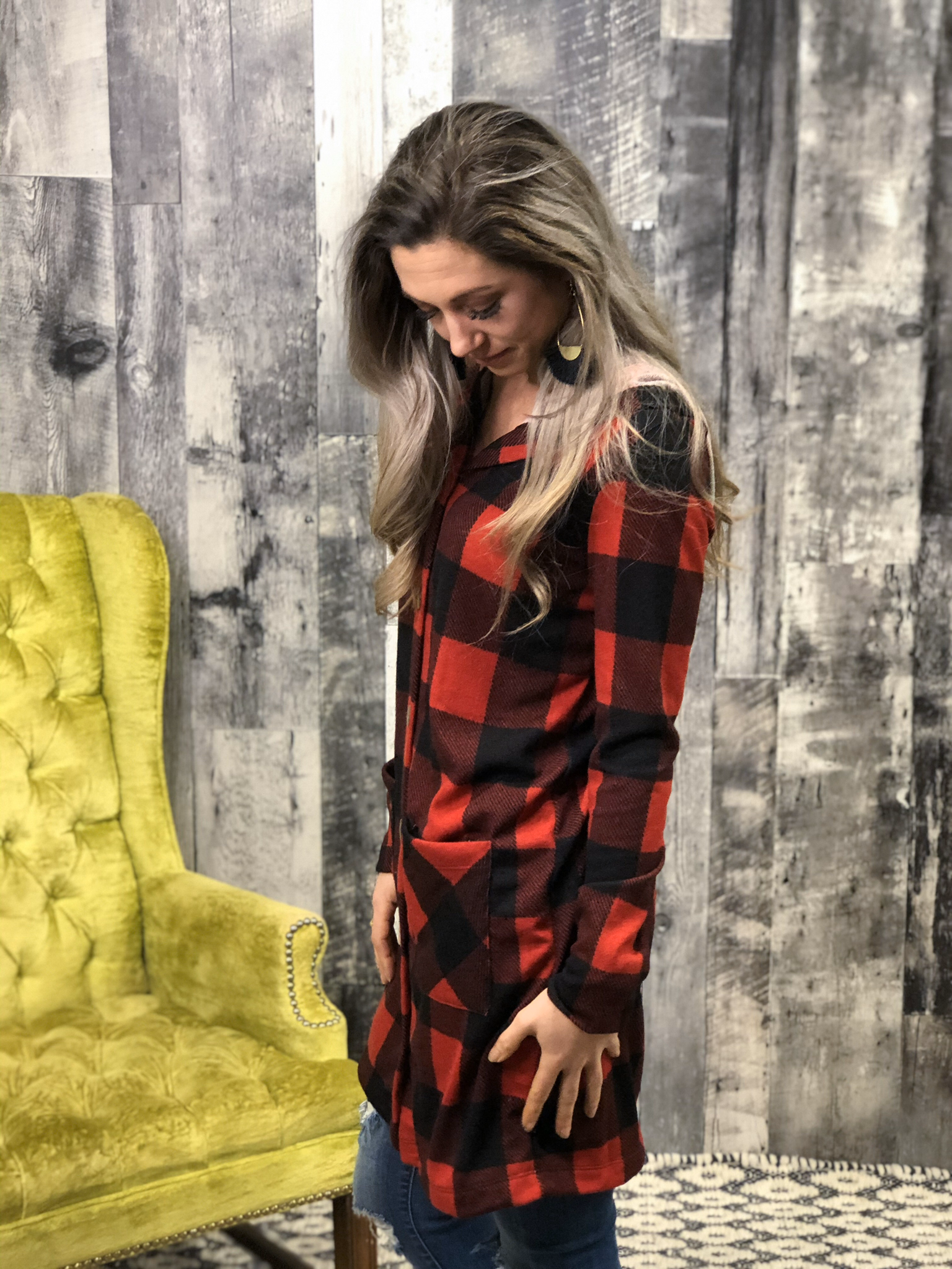 Buffalo Plaid Button Cardigan with hood