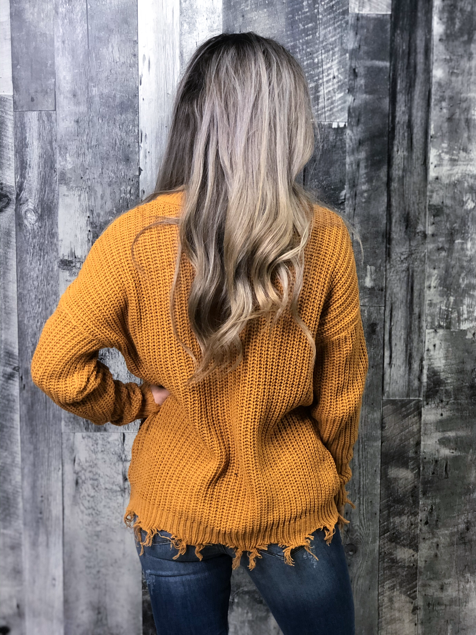 Mustard V-neck Knit Sweater with Frey Detail