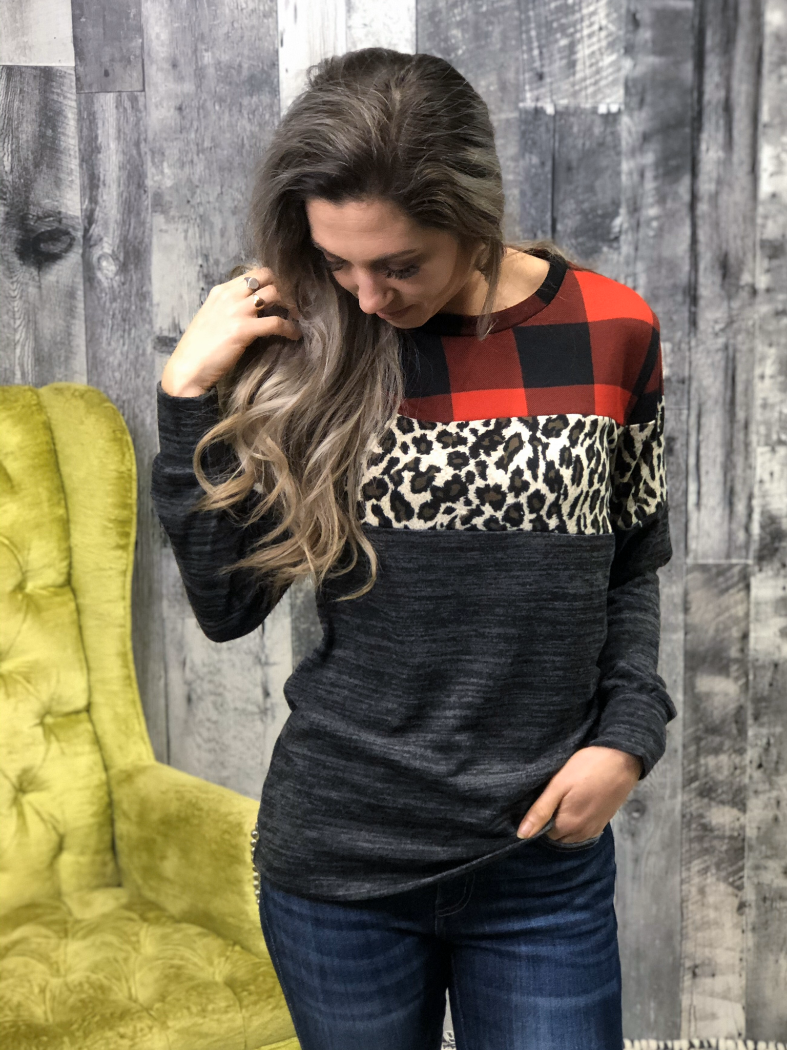Buffalo Plaid Cheetah Color Block Top 84424
