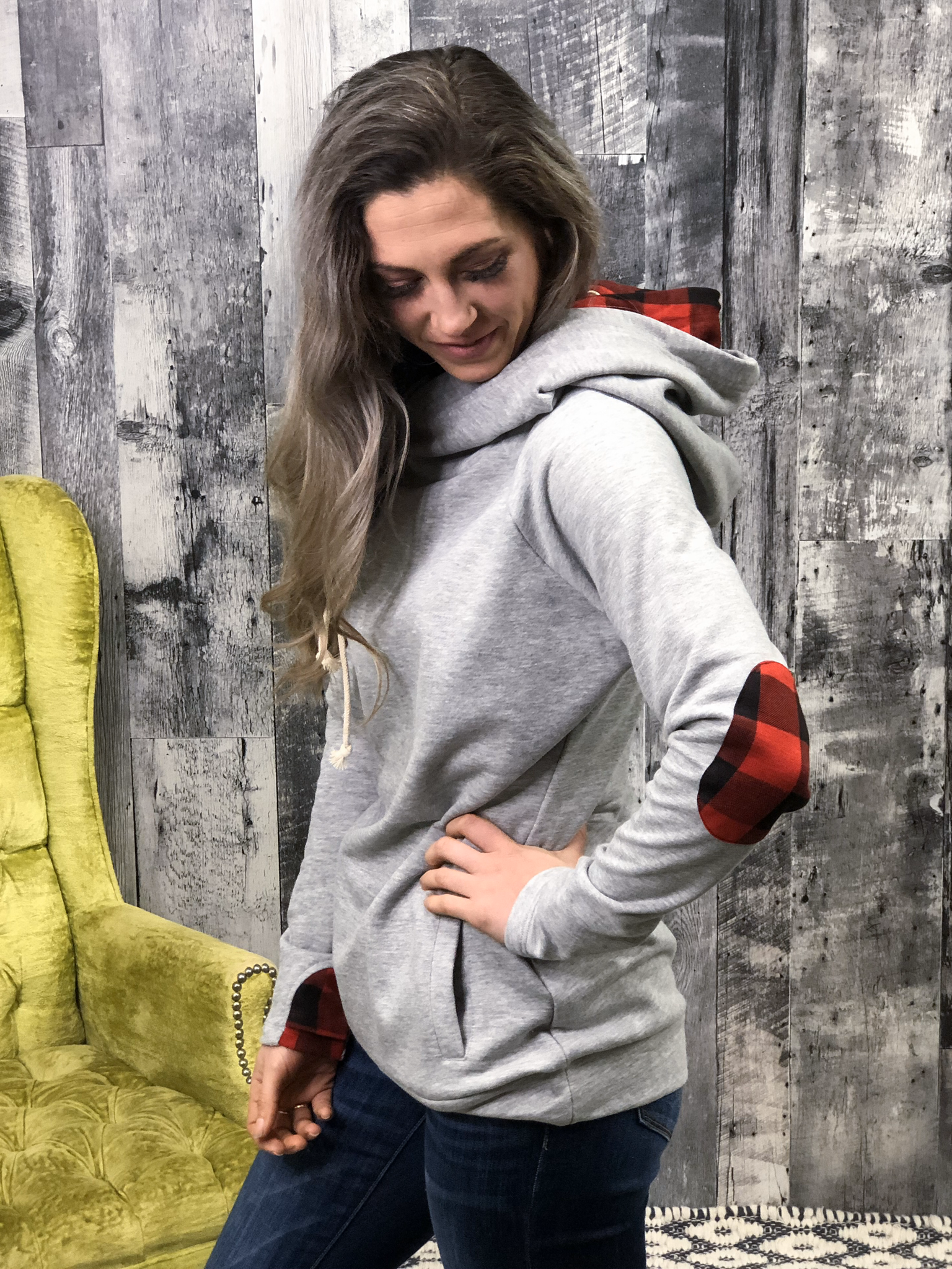 Grey Buffalo Plaid Trim Double Hoodie 84429