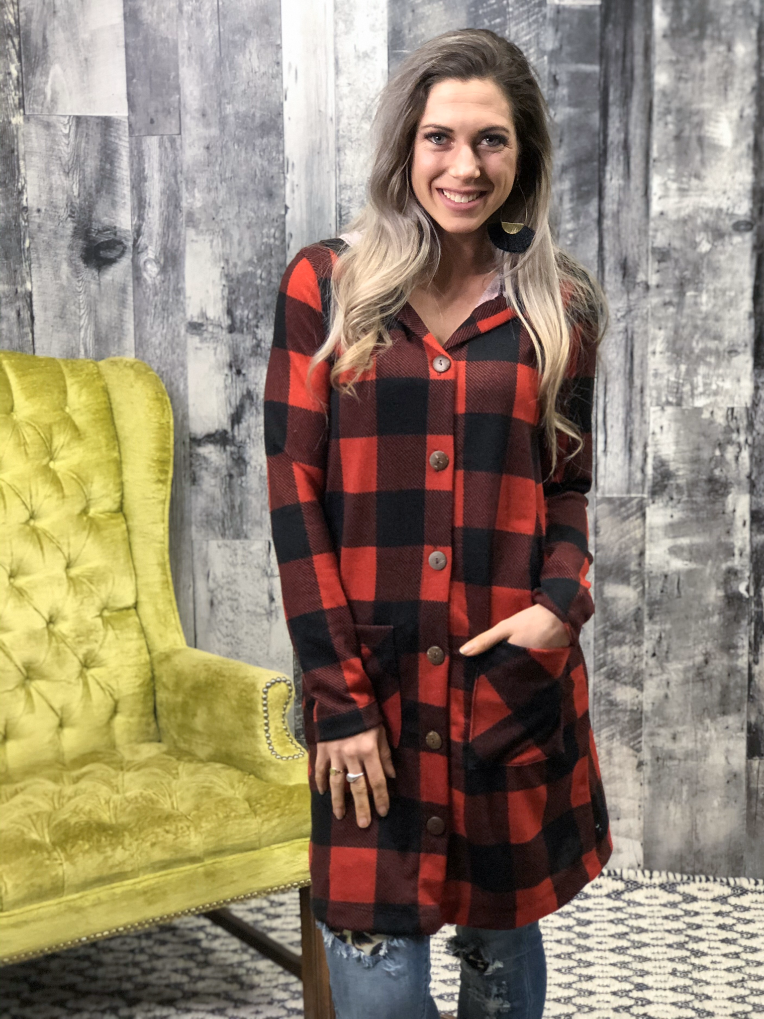 Buffalo Plaid Button Cardigan with hood
