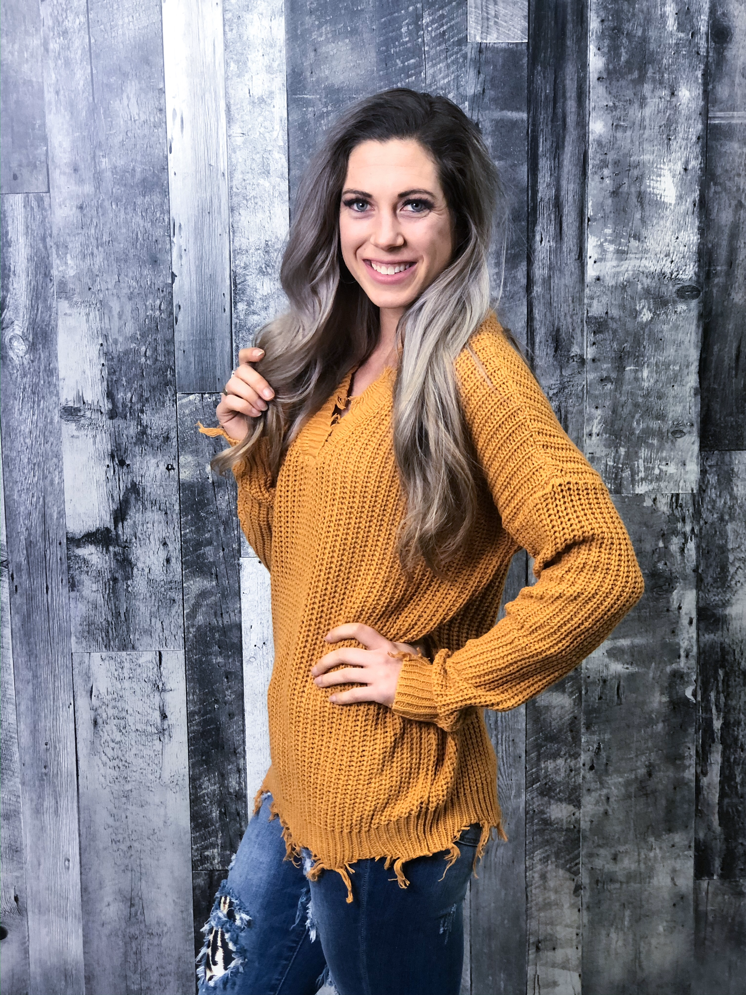 Mustard V-neck Knit Sweater with Frey Detail