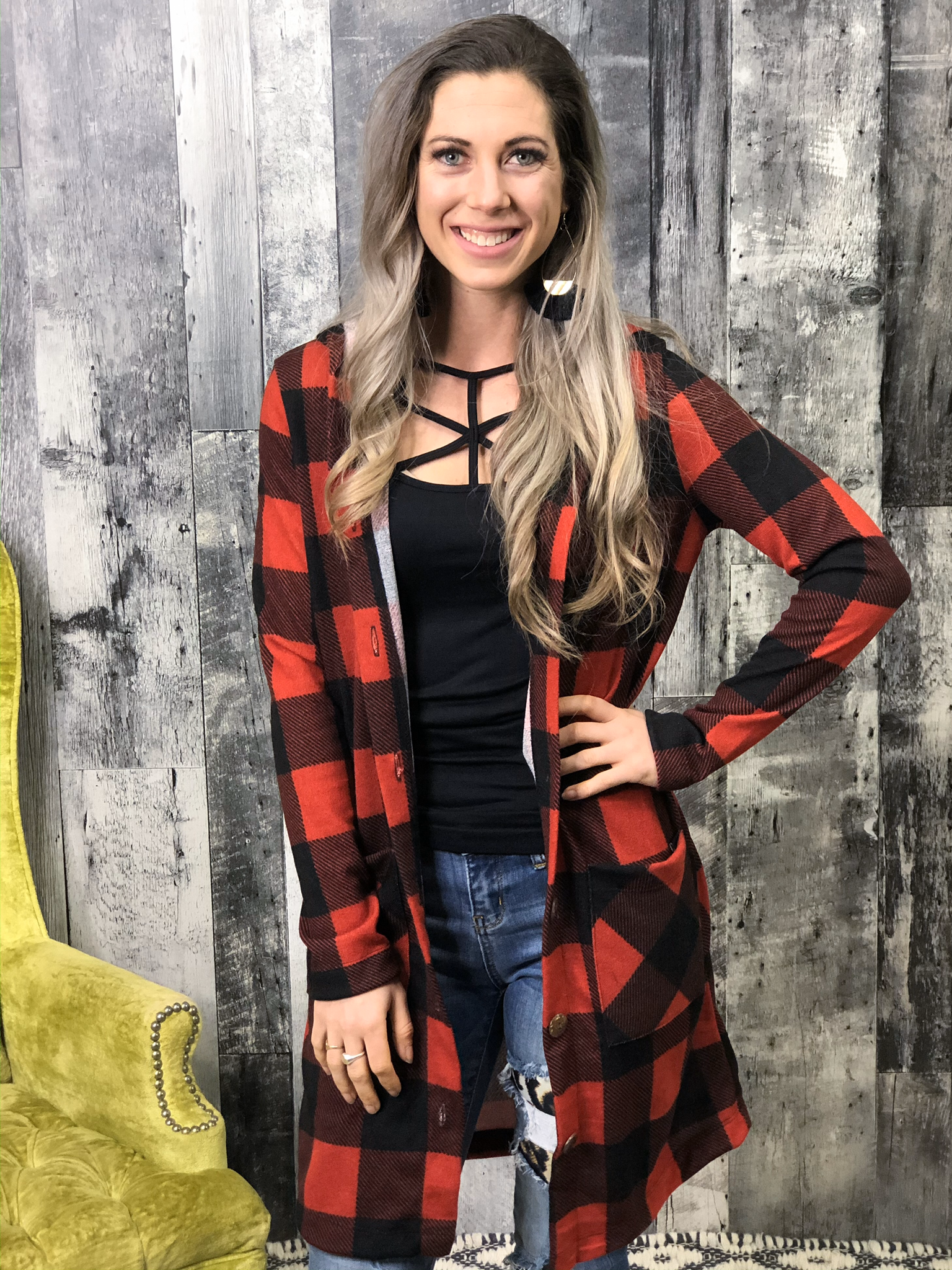 Buffalo Plaid Button Cardigan with hood 84367