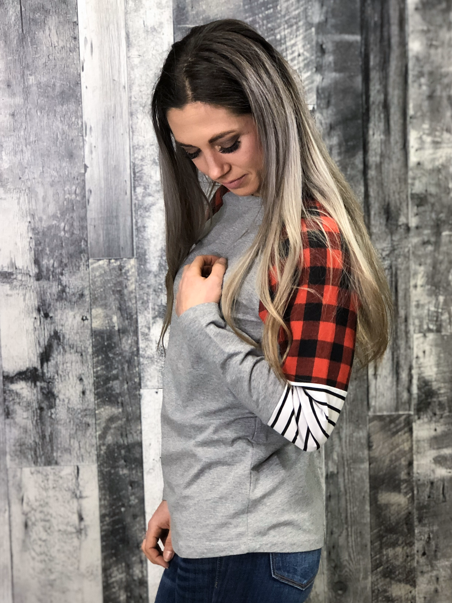 Grey Buffalo Plaid Striped Top