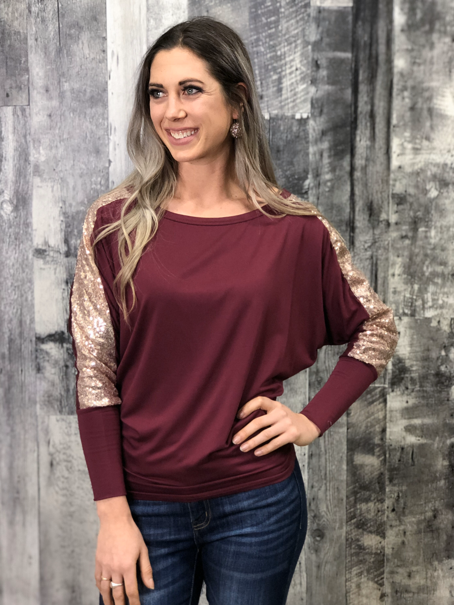 Glitter Sleeve Cranberry Top 84494