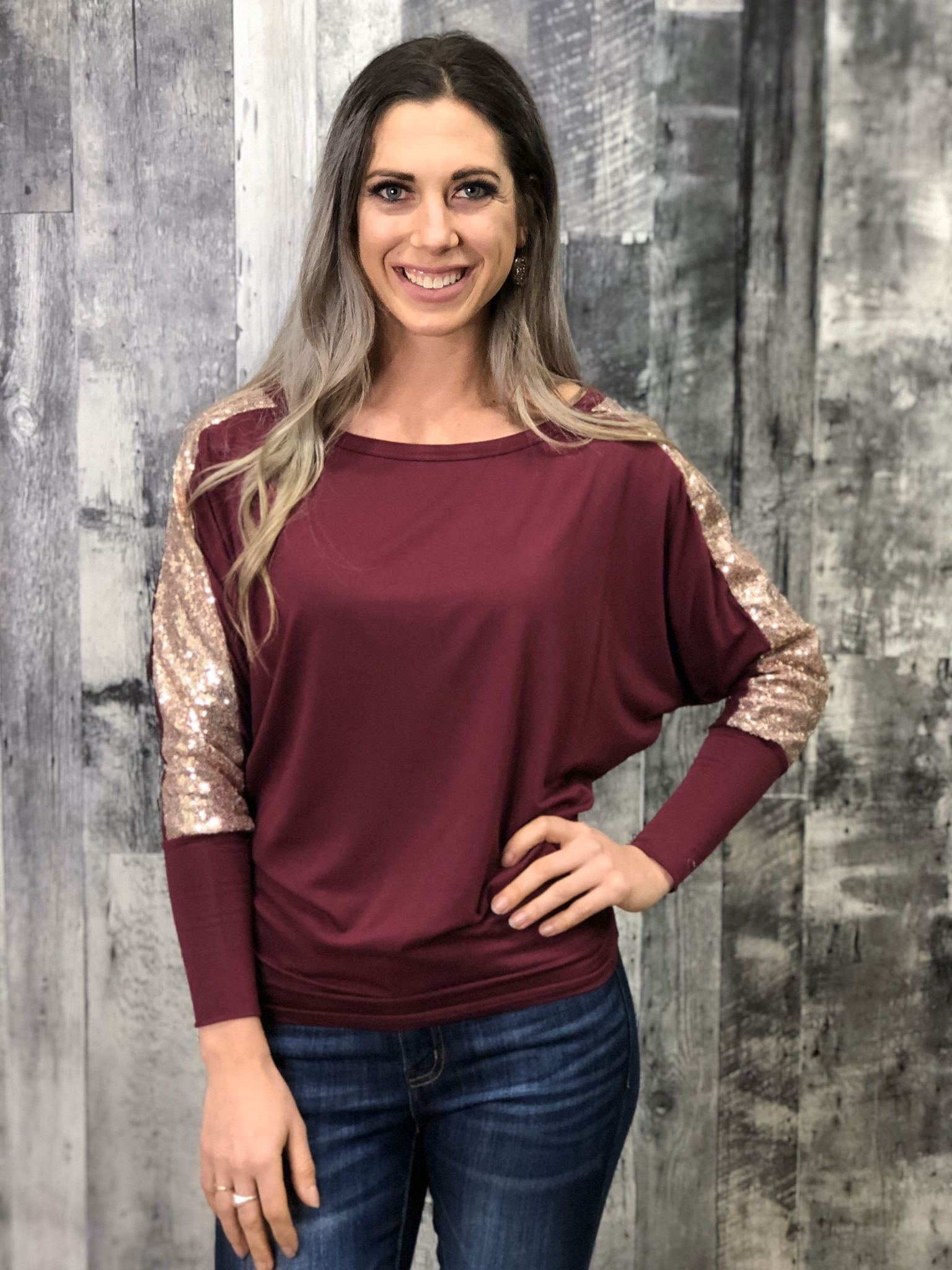 Glitter Sleeve Cranberry Top