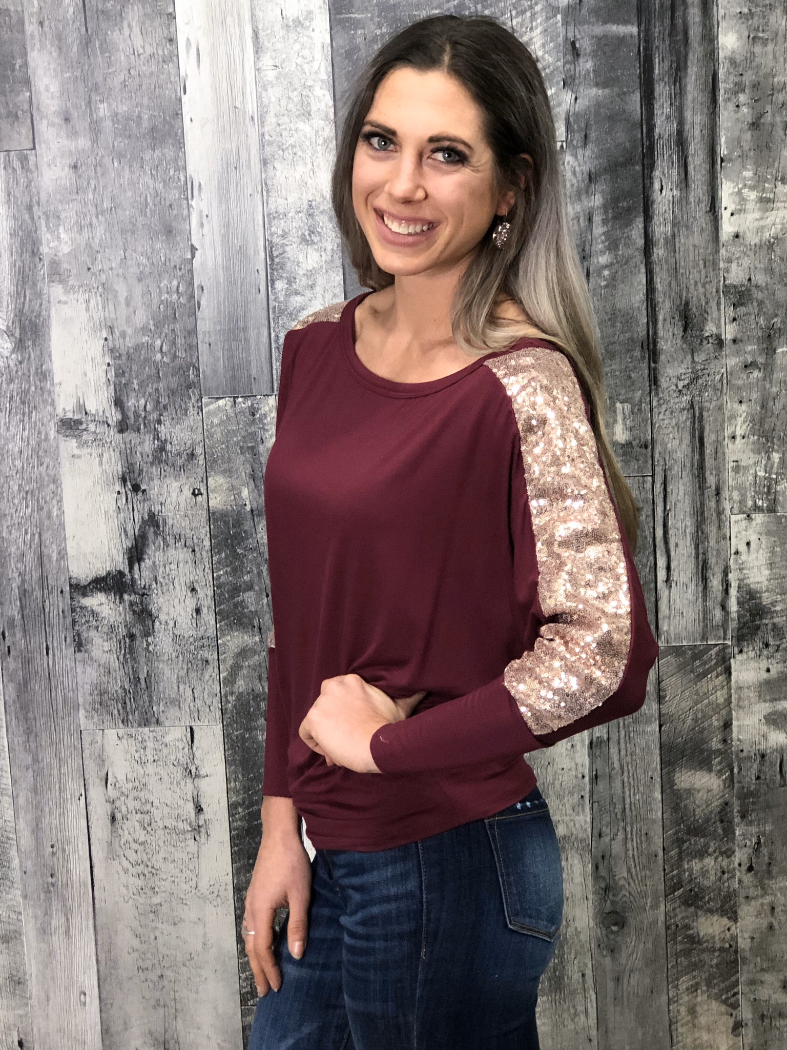 Glitter Sleeve Cranberry Top