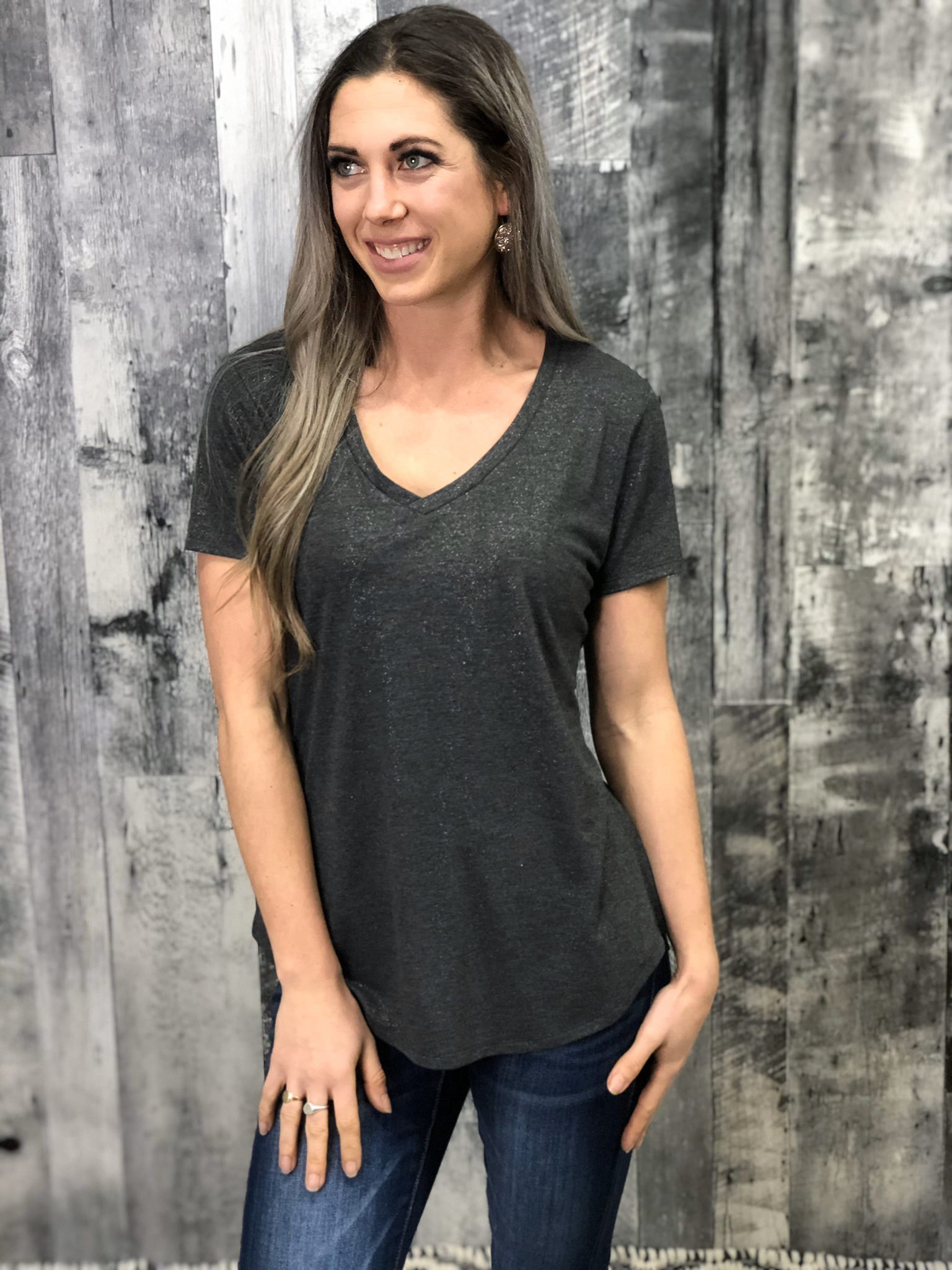 Subtle Sparkle Vneck Tee - Charcoal 84470
