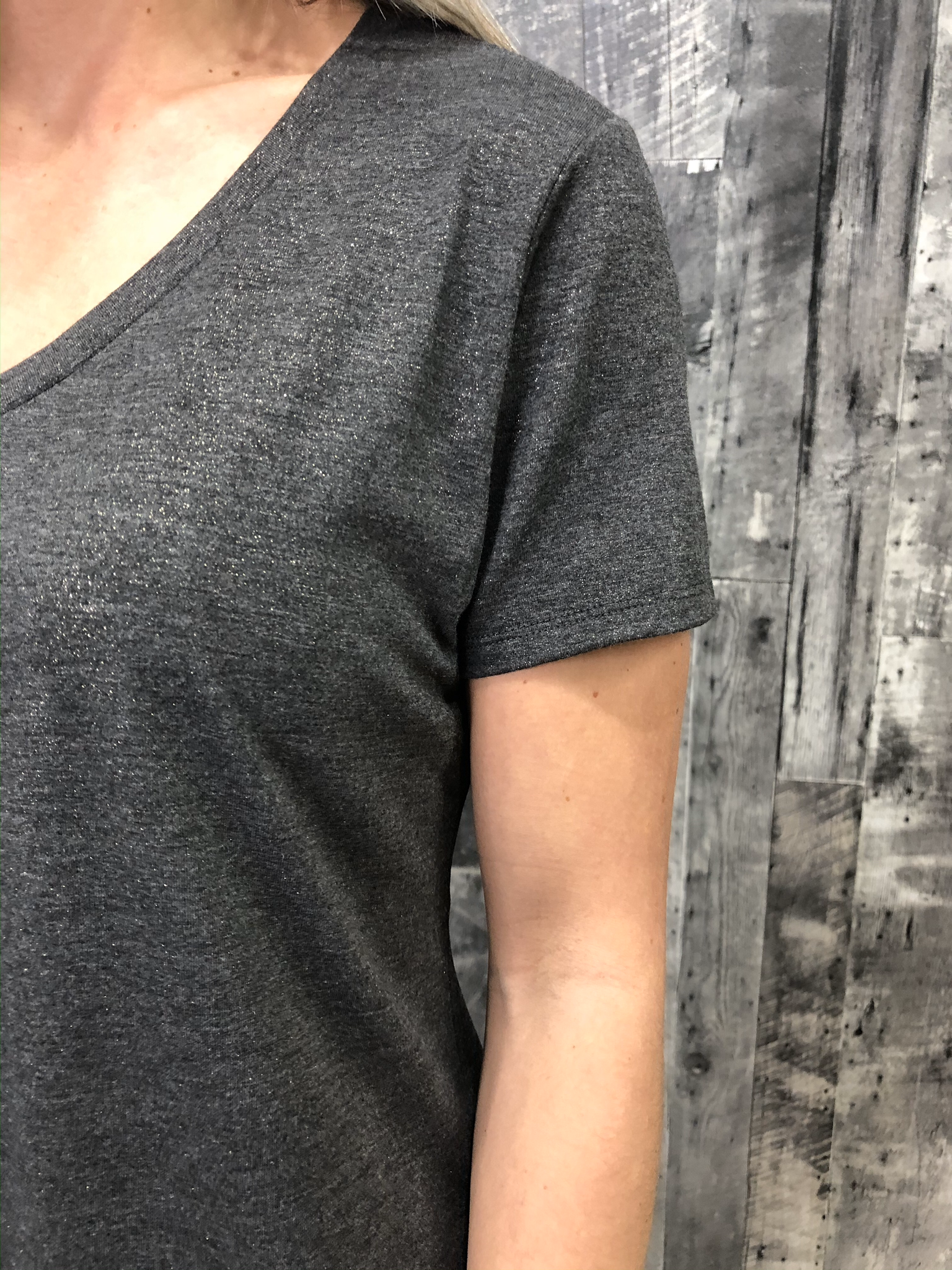 Subtle Sparkle Vneck Tee - Charcoal