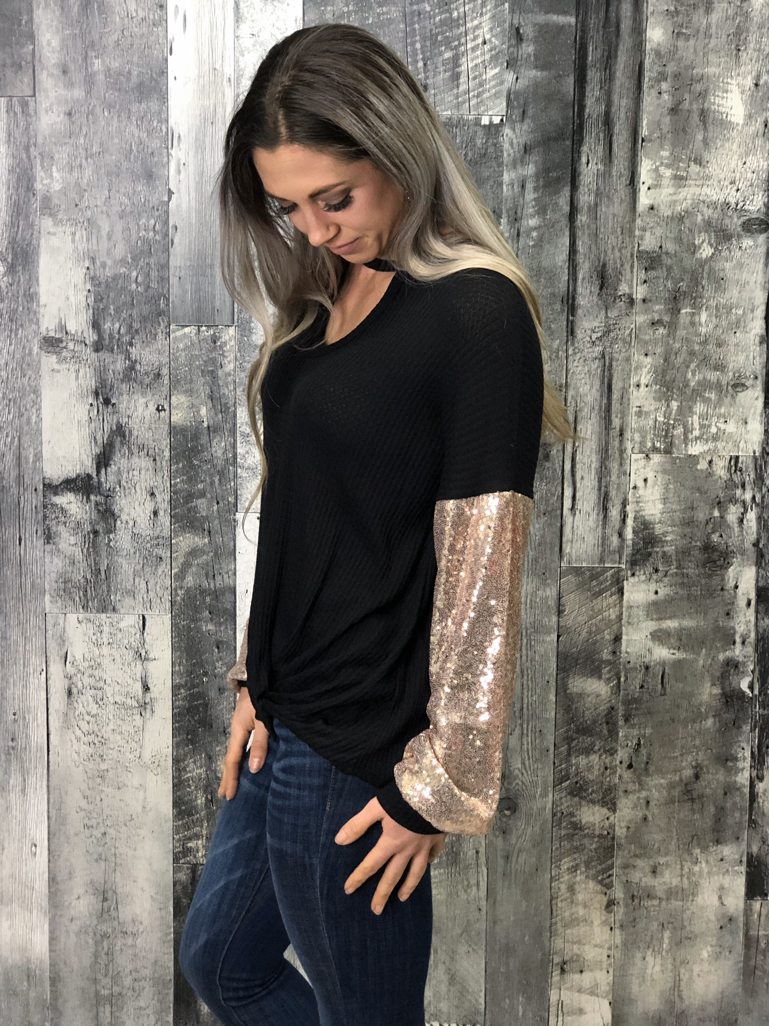 Sequin Sleeve Black Choker Waffle Top