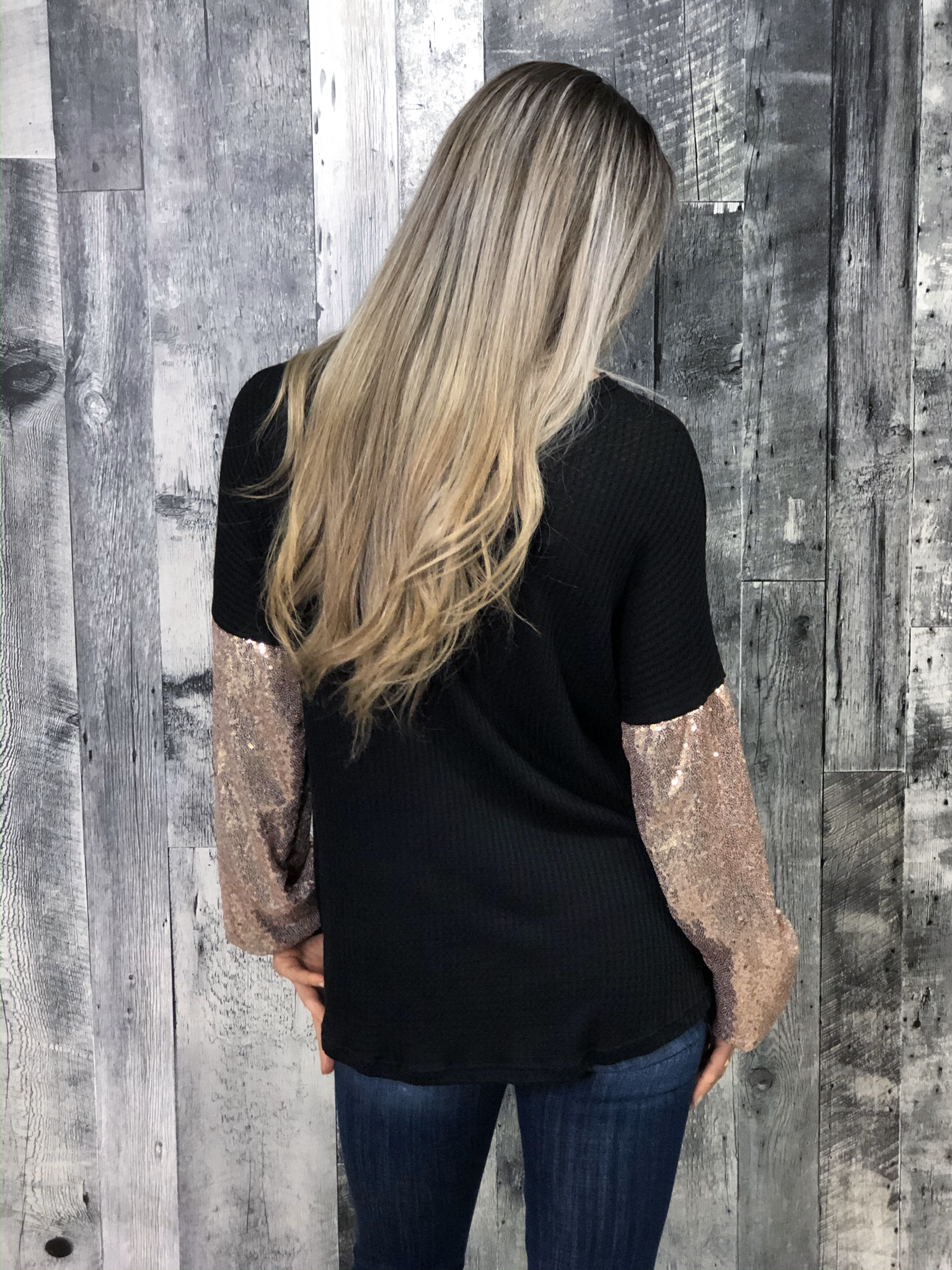Sequin Sleeve Black Choker Waffle Top
