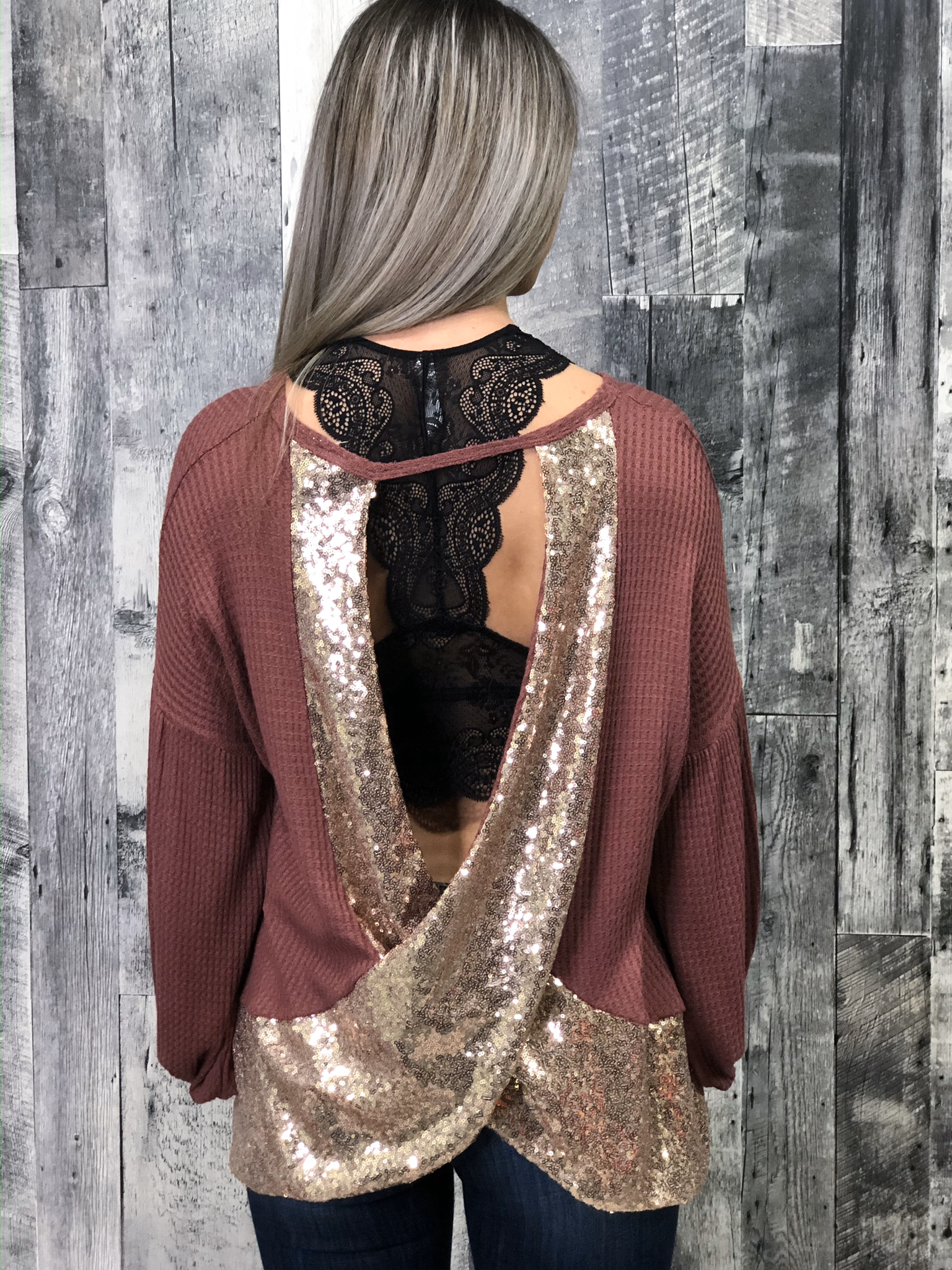 Wine Waffle Sequin Back Top 984502