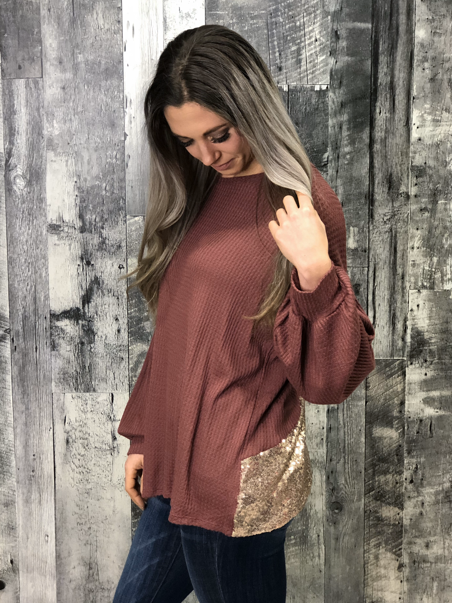 Wine Waffle Sequin Back Top